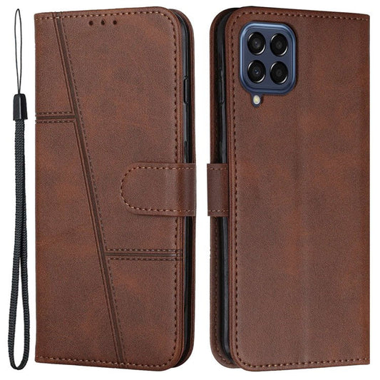 For Samsung Galaxy M33 5G (Global Version) PU Leather Stitching Cover Stand Magnetic Protect Shockproof Flip Case with Strap - Brown