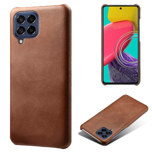 For Samsung Galaxy M53 5G Phone Protector All-round Shockproof Textured PU Leather Coated PC Phone Case - Brown