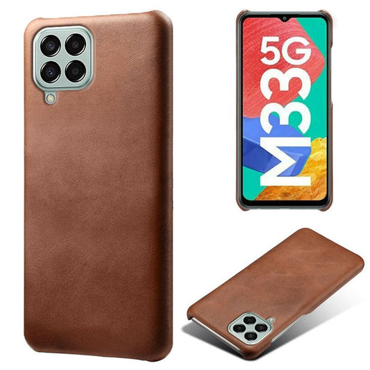 For Samsung Galaxy M33 5G (Global Version) Textured PU Leather Coated PC Phone Case Back Guard Shell - Brown