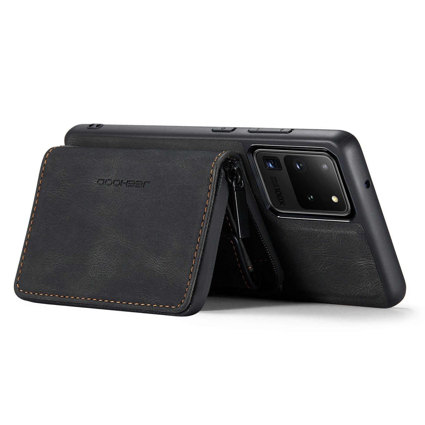 JEEHOOD For Samsung Galaxy S20 Ultra 4G/S20 Ultra 5G Zipper Wallet PU Leather Coated TPU Cover Kickstand Detachable Phone Case - Black