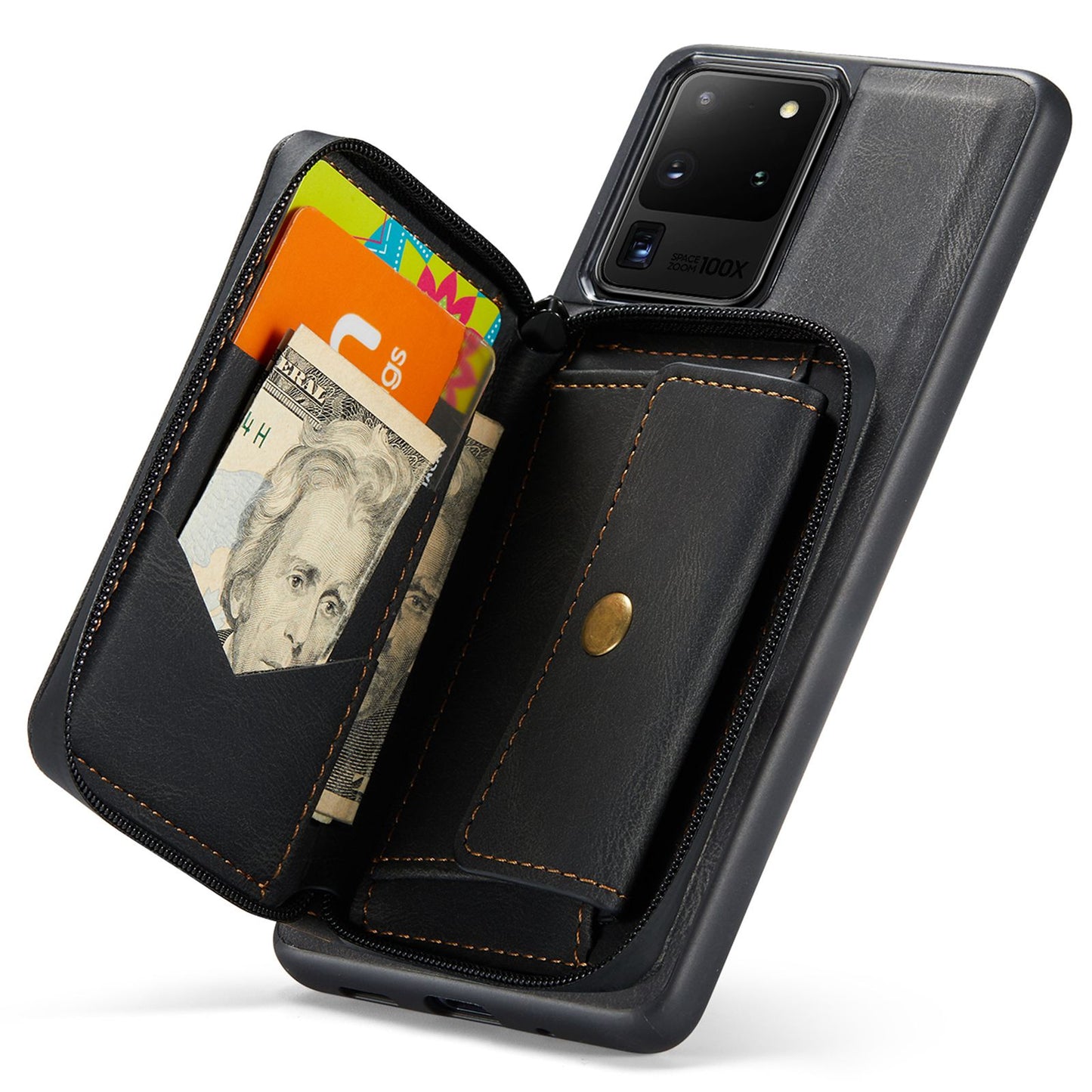 JEEHOOD For Samsung Galaxy S20 Ultra 4G/S20 Ultra 5G Zipper Wallet PU Leather Coated TPU Cover Kickstand Detachable Phone Case - Black