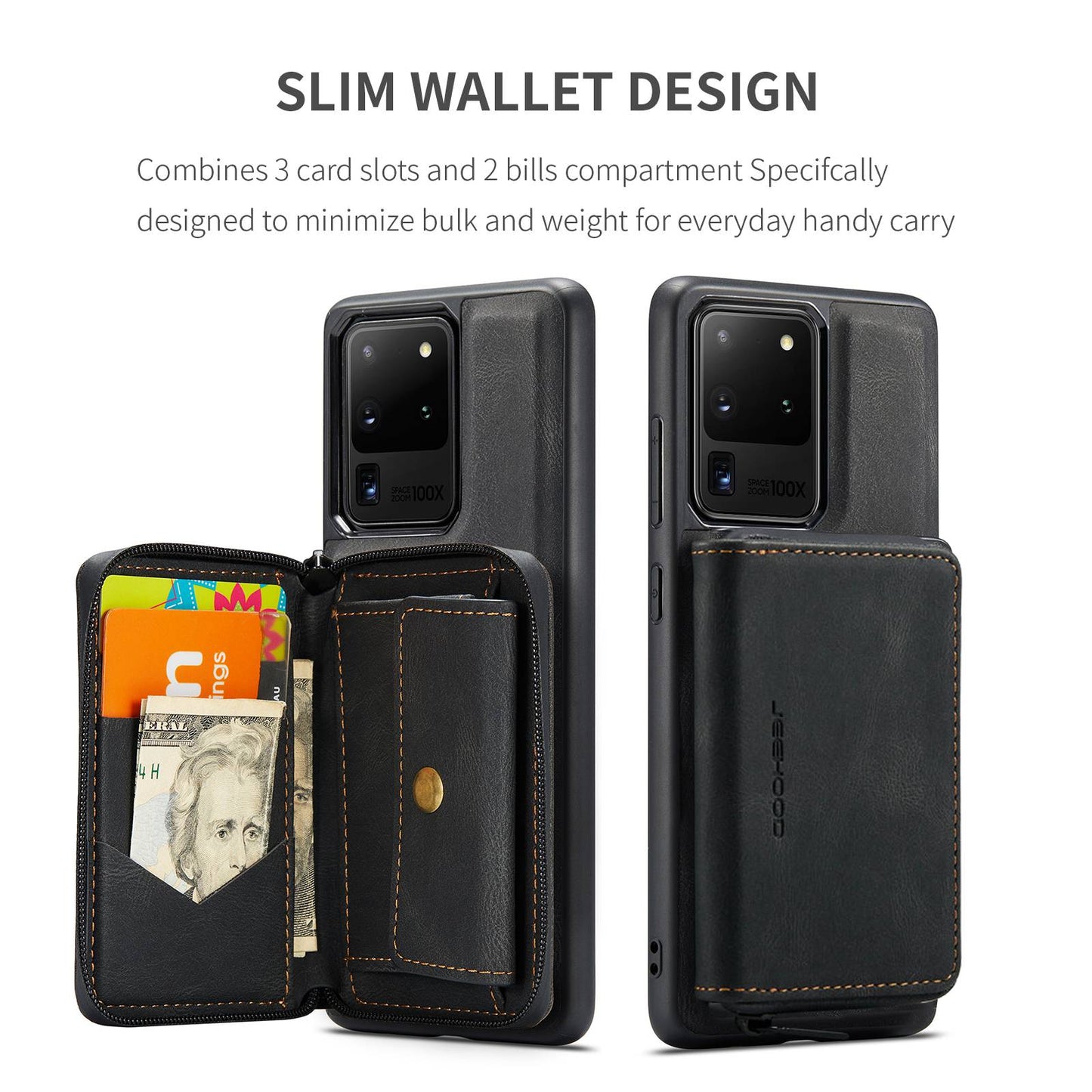 JEEHOOD For Samsung Galaxy S20 Ultra 4G/S20 Ultra 5G Zipper Wallet PU Leather Coated TPU Cover Kickstand Detachable Phone Case - Black