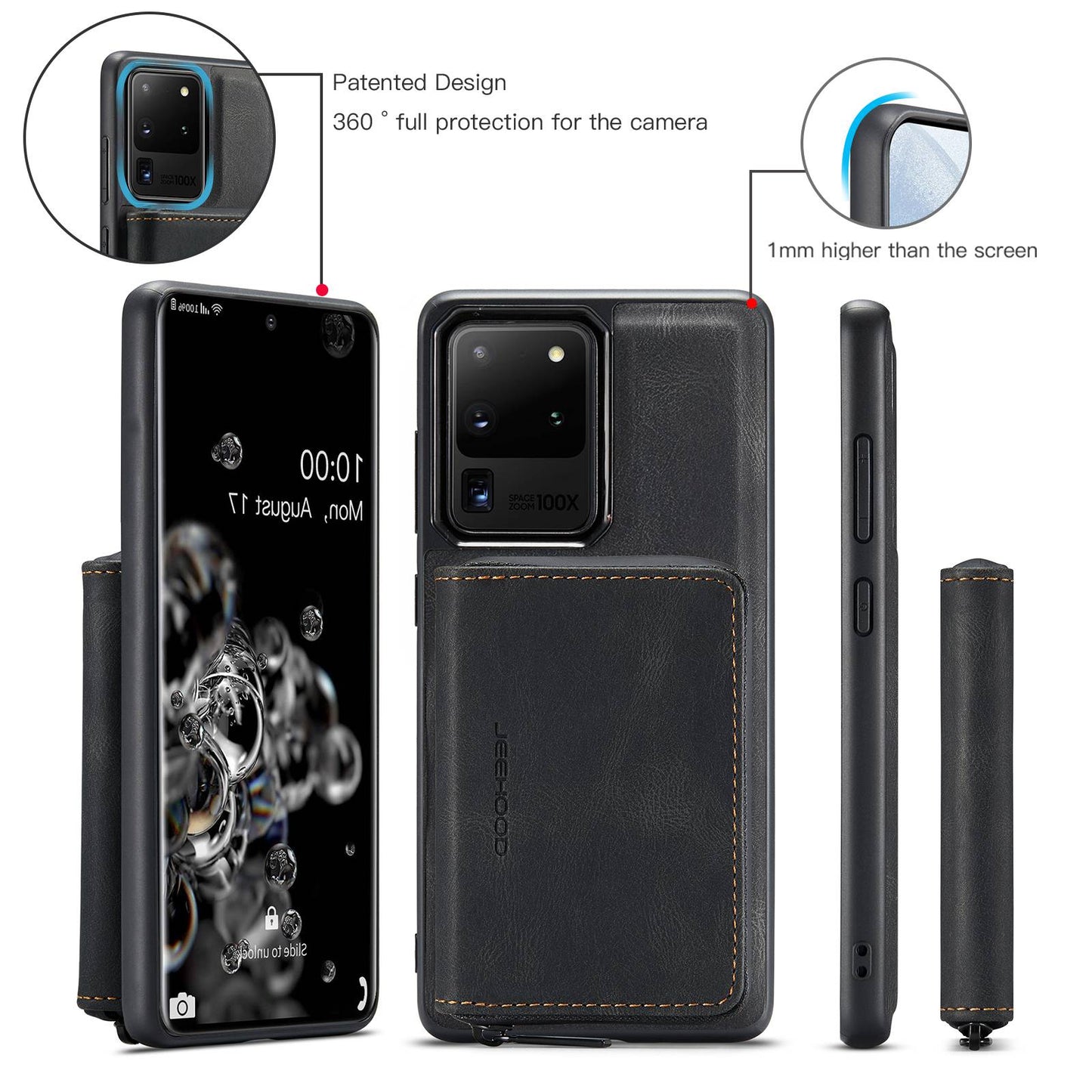 JEEHOOD For Samsung Galaxy S20 Ultra 4G/S20 Ultra 5G Zipper Wallet PU Leather Coated TPU Cover Kickstand Detachable Phone Case - Black