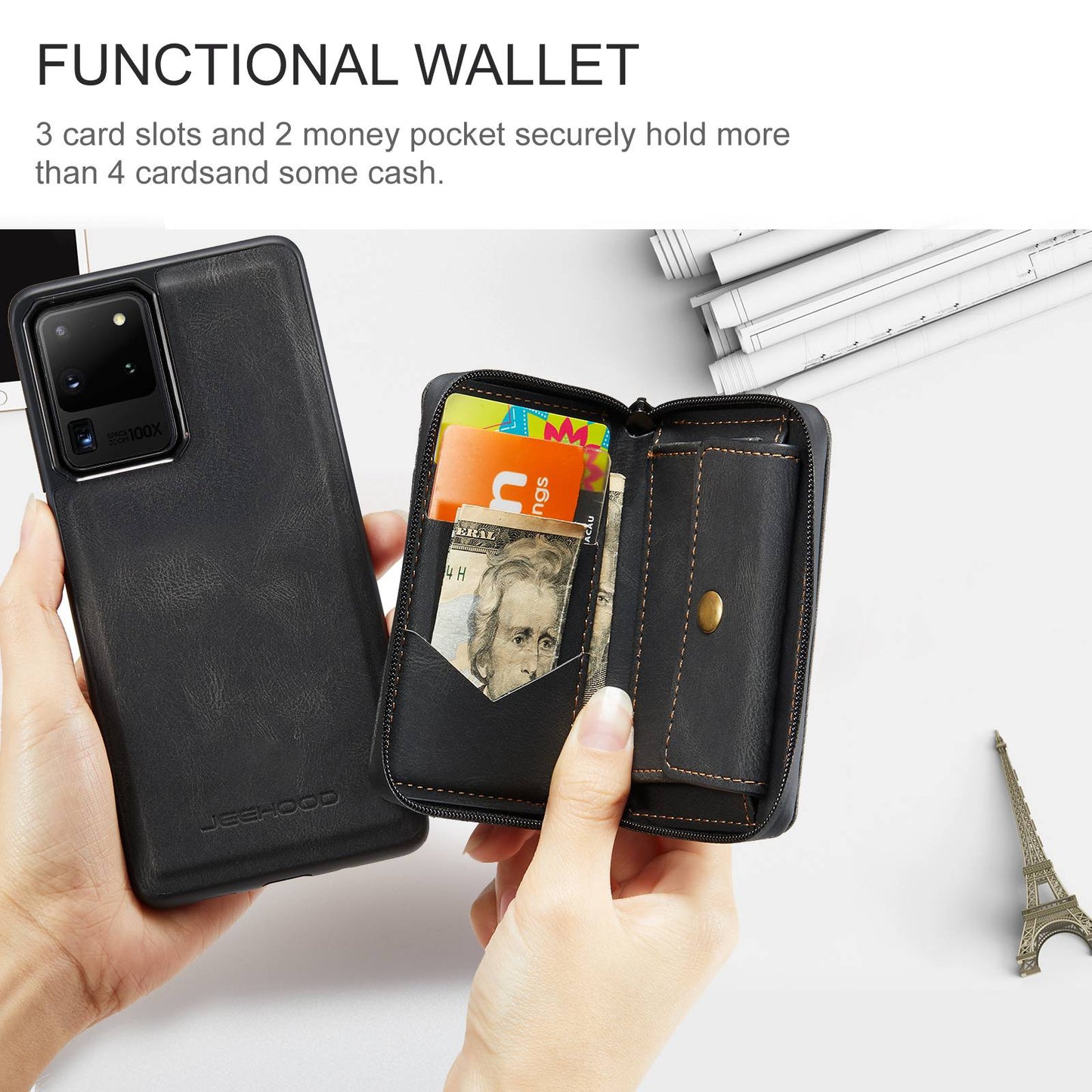 JEEHOOD For Samsung Galaxy S20 Ultra 4G/S20 Ultra 5G Zipper Wallet PU Leather Coated TPU Cover Kickstand Detachable Phone Case - Black