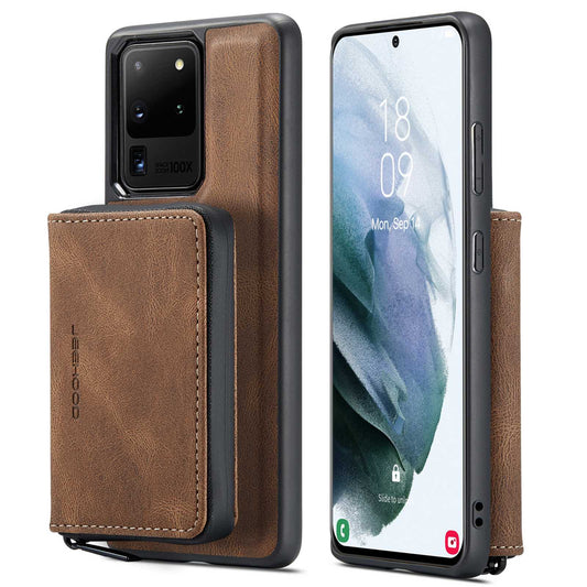 JEEHOOD For Samsung Galaxy S20 Ultra 4G/S20 Ultra 5G Zipper Wallet PU Leather Coated TPU Cover Kickstand Detachable Phone Case - Brown