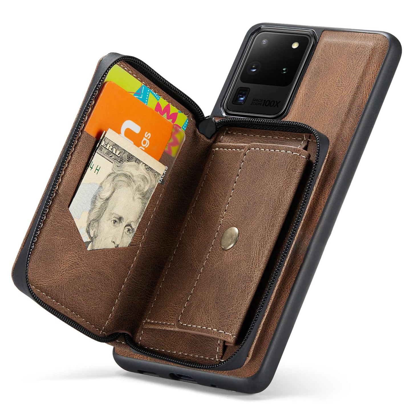 JEEHOOD For Samsung Galaxy S20 Ultra 4G/S20 Ultra 5G Zipper Wallet PU Leather Coated TPU Cover Kickstand Detachable Phone Case - Brown