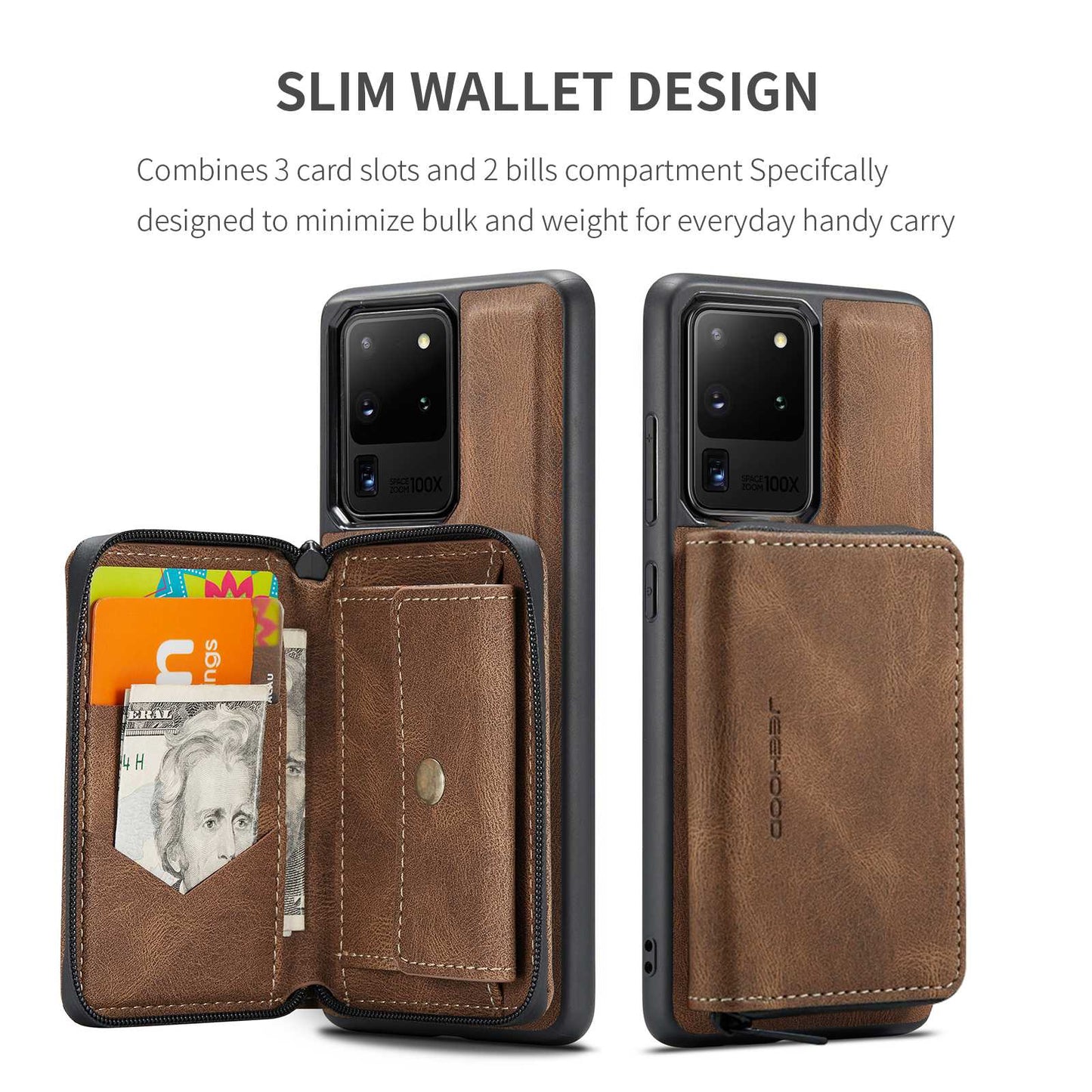 JEEHOOD For Samsung Galaxy S20 Ultra 4G/S20 Ultra 5G Zipper Wallet PU Leather Coated TPU Cover Kickstand Detachable Phone Case - Brown