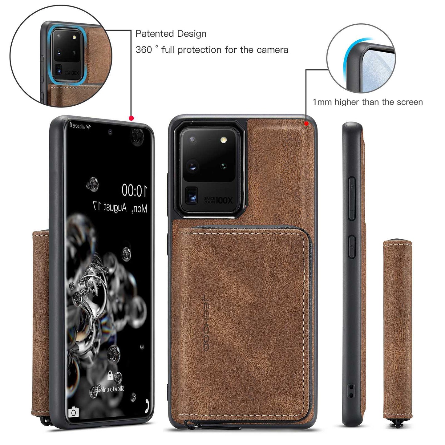 JEEHOOD For Samsung Galaxy S20 Ultra 4G/S20 Ultra 5G Zipper Wallet PU Leather Coated TPU Cover Kickstand Detachable Phone Case - Brown
