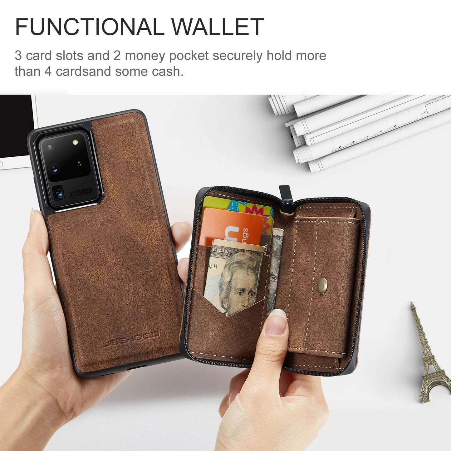 JEEHOOD For Samsung Galaxy S20 Ultra 4G/S20 Ultra 5G Zipper Wallet PU Leather Coated TPU Cover Kickstand Detachable Phone Case - Brown