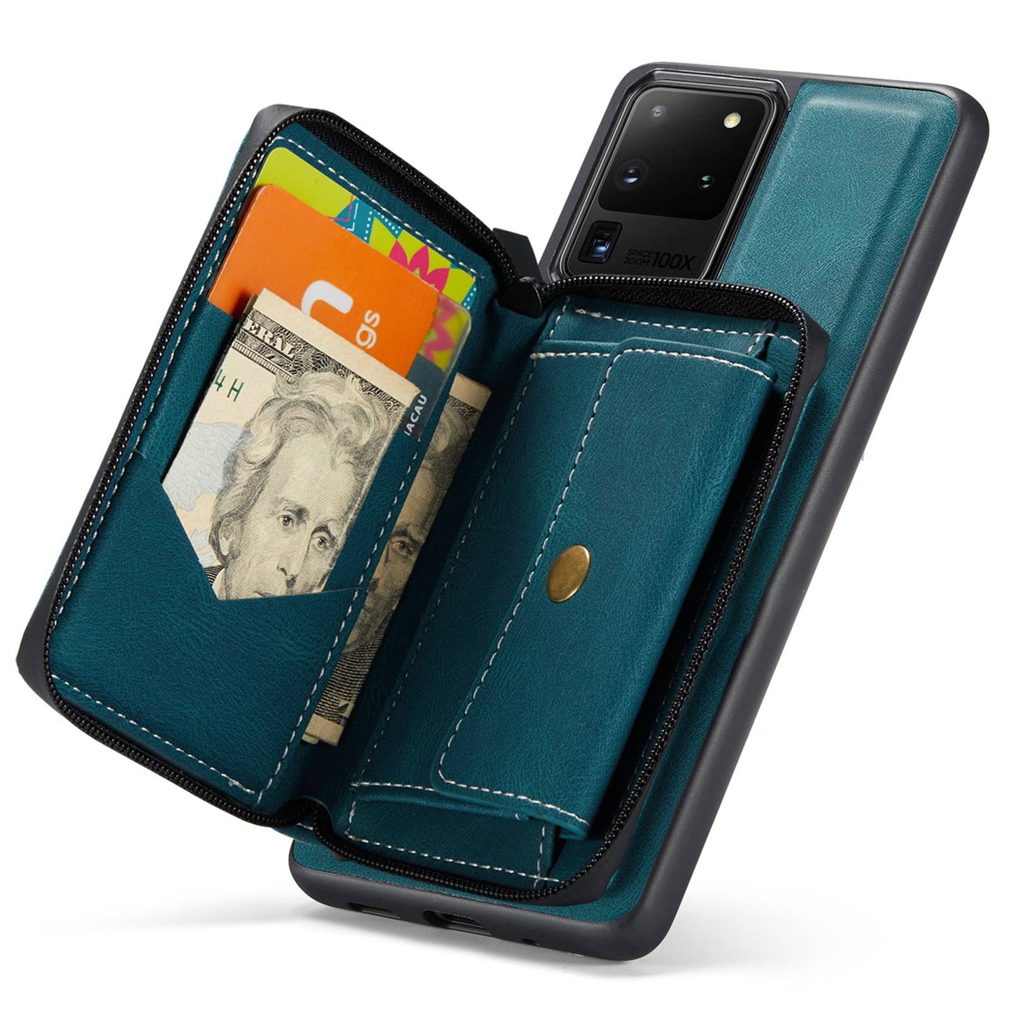 JEEHOOD For Samsung Galaxy S20 Ultra 4G/S20 Ultra 5G Zipper Wallet PU Leather Coated TPU Cover Kickstand Detachable Phone Case - Blue