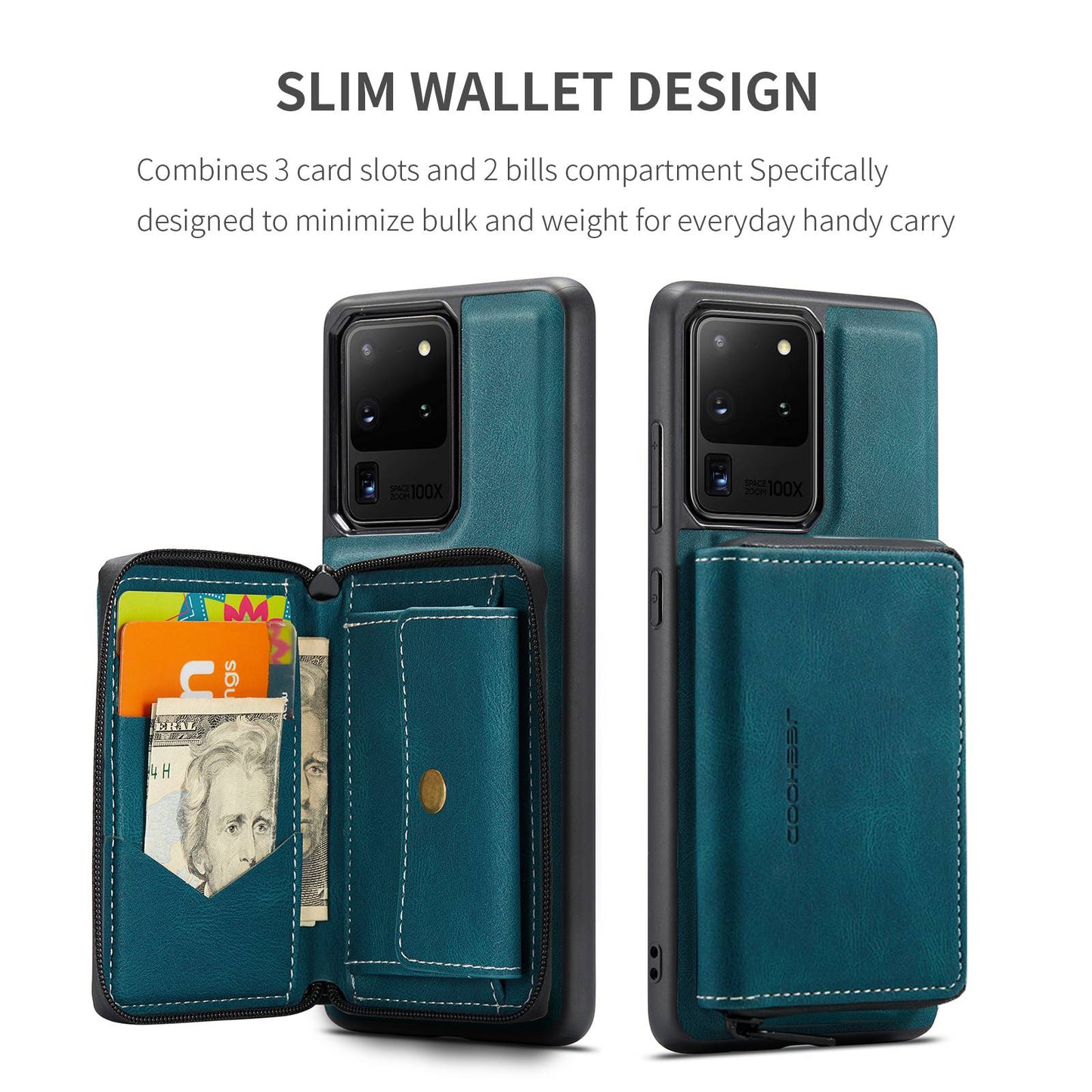 JEEHOOD For Samsung Galaxy S20 Ultra 4G/S20 Ultra 5G Zipper Wallet PU Leather Coated TPU Cover Kickstand Detachable Phone Case - Blue