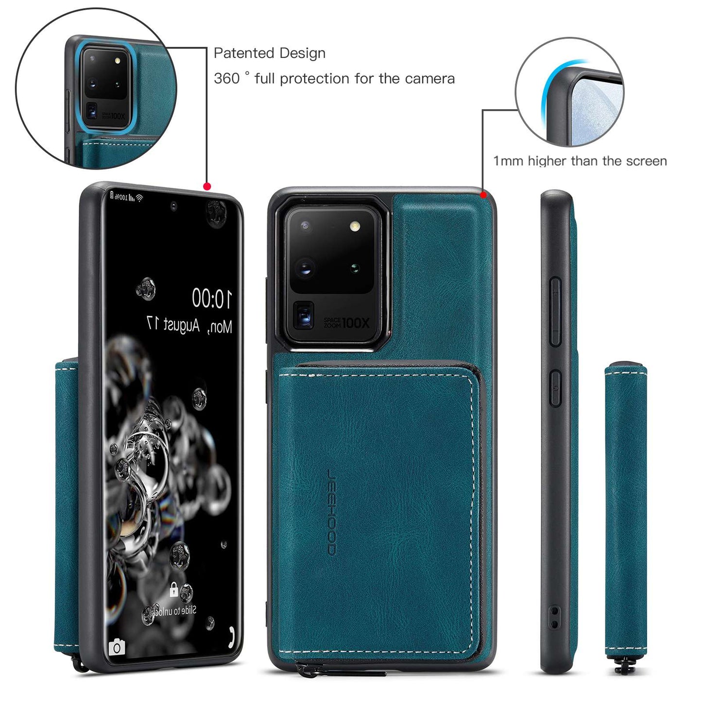 JEEHOOD For Samsung Galaxy S20 Ultra 4G/S20 Ultra 5G Zipper Wallet PU Leather Coated TPU Cover Kickstand Detachable Phone Case - Blue