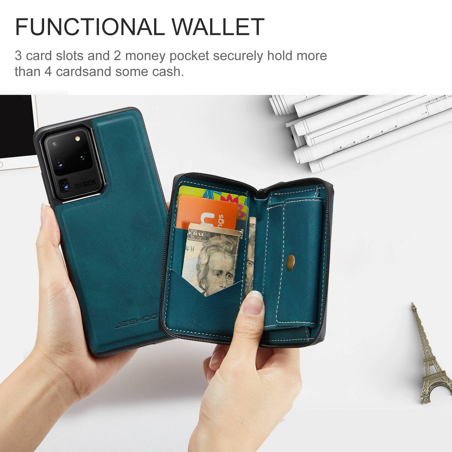JEEHOOD For Samsung Galaxy S20 Ultra 4G/S20 Ultra 5G Zipper Wallet PU Leather Coated TPU Cover Kickstand Detachable Phone Case - Blue