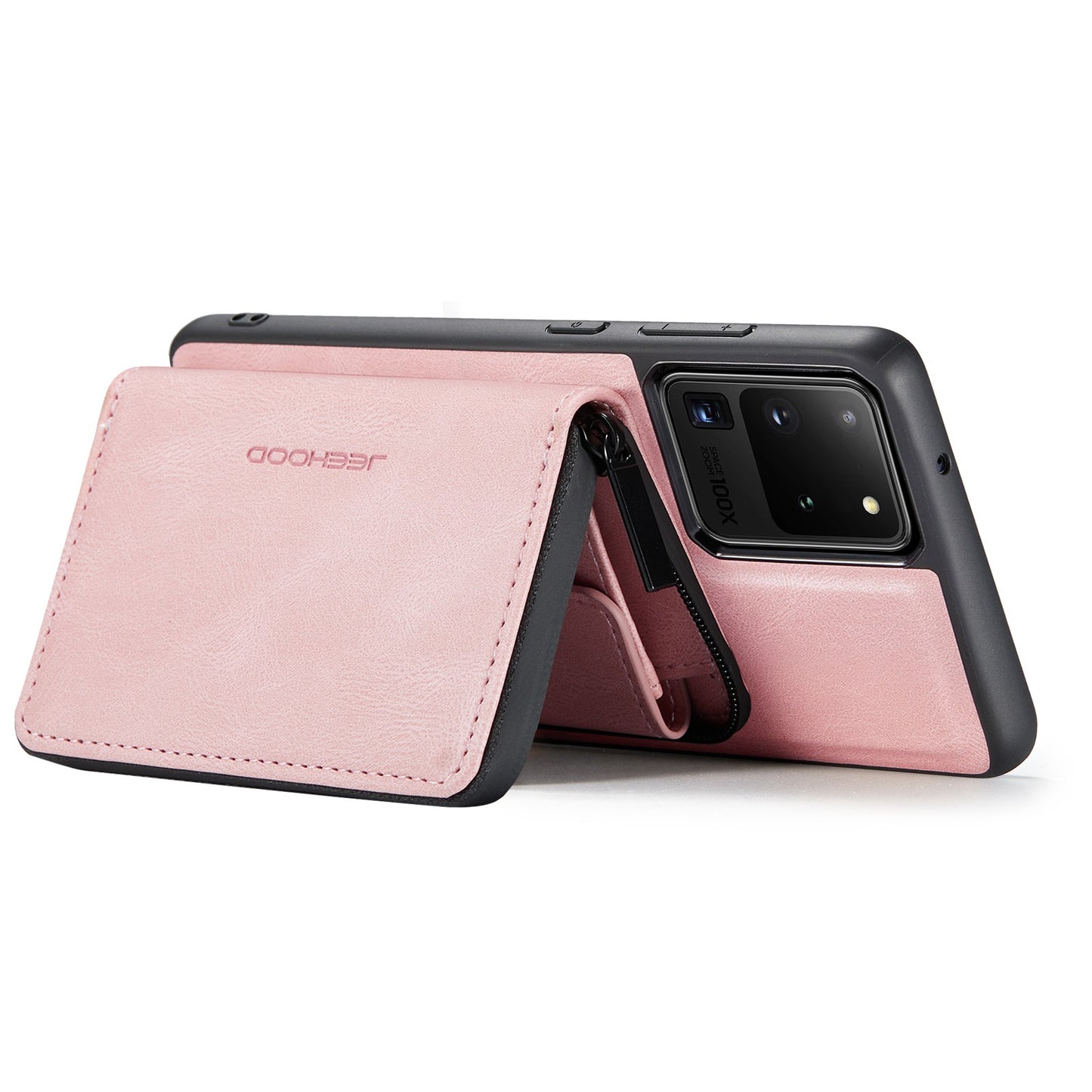 JEEHOOD For Samsung Galaxy S20 Ultra 4G/S20 Ultra 5G Zipper Wallet PU Leather Coated TPU Cover Kickstand Detachable Phone Case - Pink