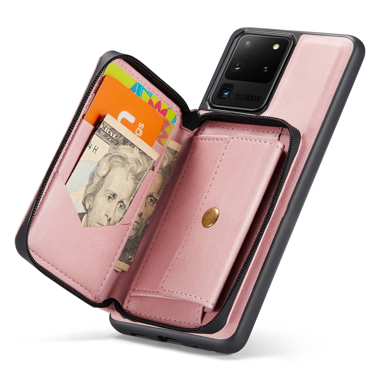 JEEHOOD For Samsung Galaxy S20 Ultra 4G/S20 Ultra 5G Zipper Wallet PU Leather Coated TPU Cover Kickstand Detachable Phone Case - Pink