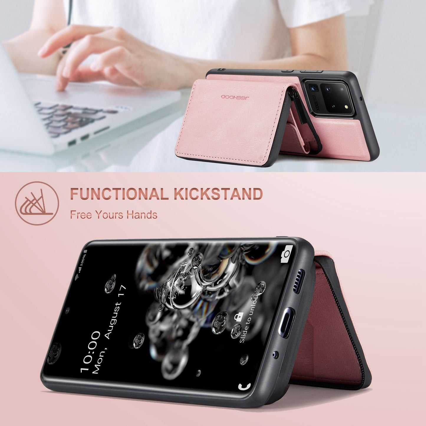 JEEHOOD For Samsung Galaxy S20 Ultra 4G/S20 Ultra 5G Zipper Wallet PU Leather Coated TPU Cover Kickstand Detachable Phone Case - Pink