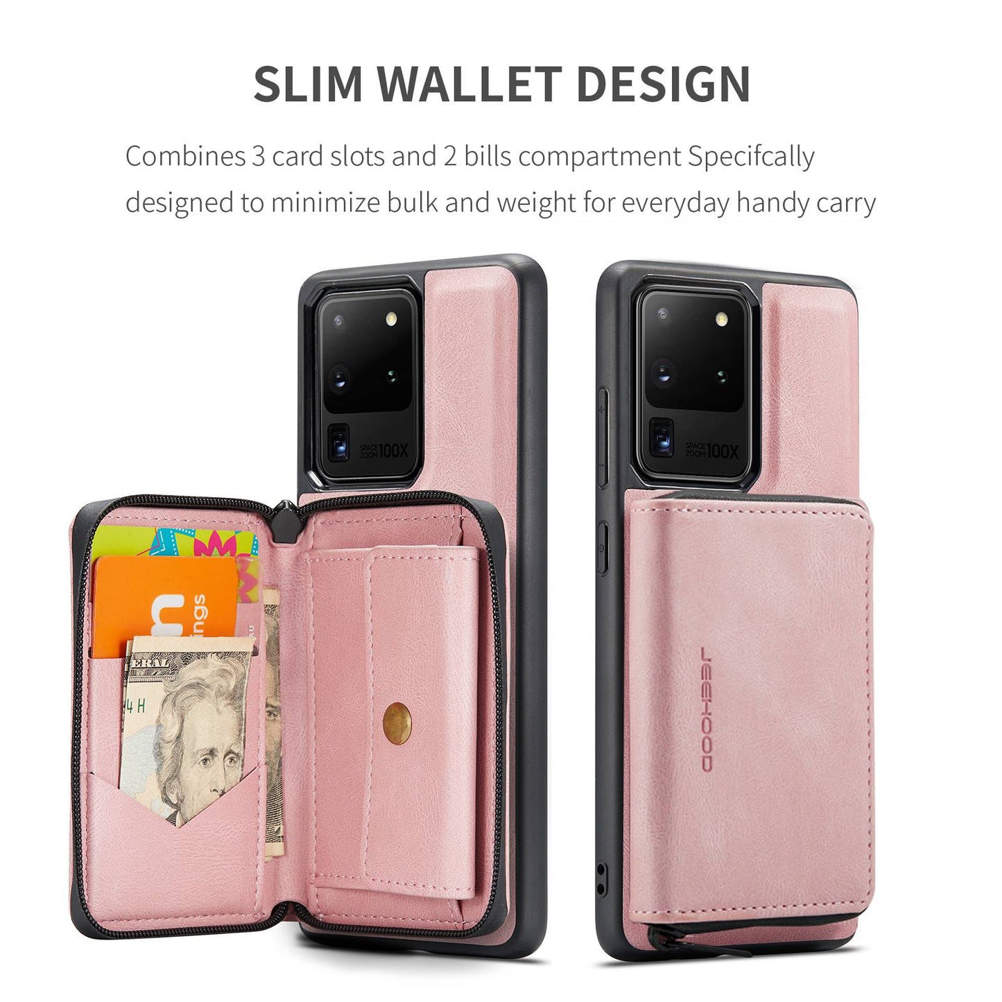JEEHOOD For Samsung Galaxy S20 Ultra 4G/S20 Ultra 5G Zipper Wallet PU Leather Coated TPU Cover Kickstand Detachable Phone Case - Pink