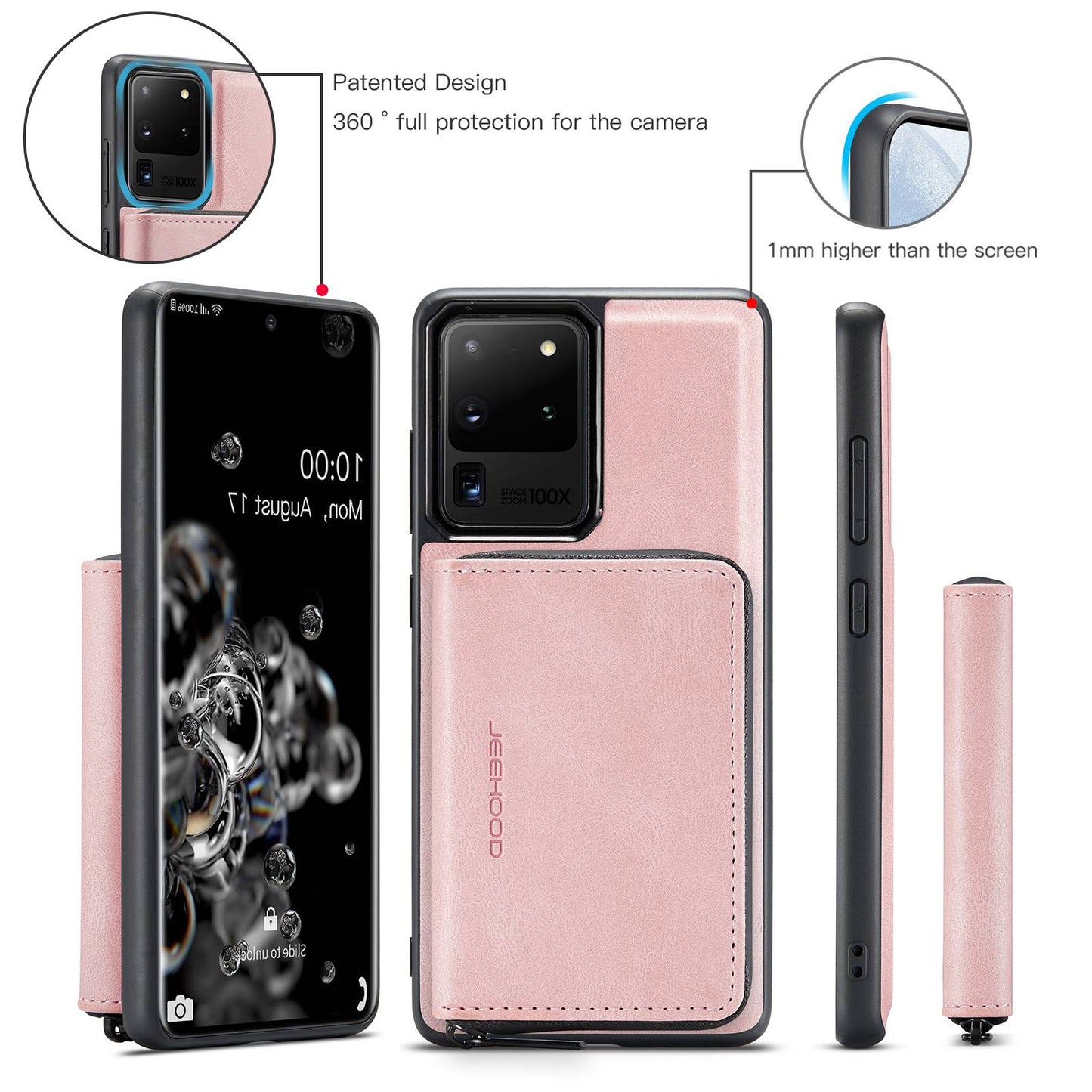 JEEHOOD For Samsung Galaxy S20 Ultra 4G/S20 Ultra 5G Zipper Wallet PU Leather Coated TPU Cover Kickstand Detachable Phone Case - Pink