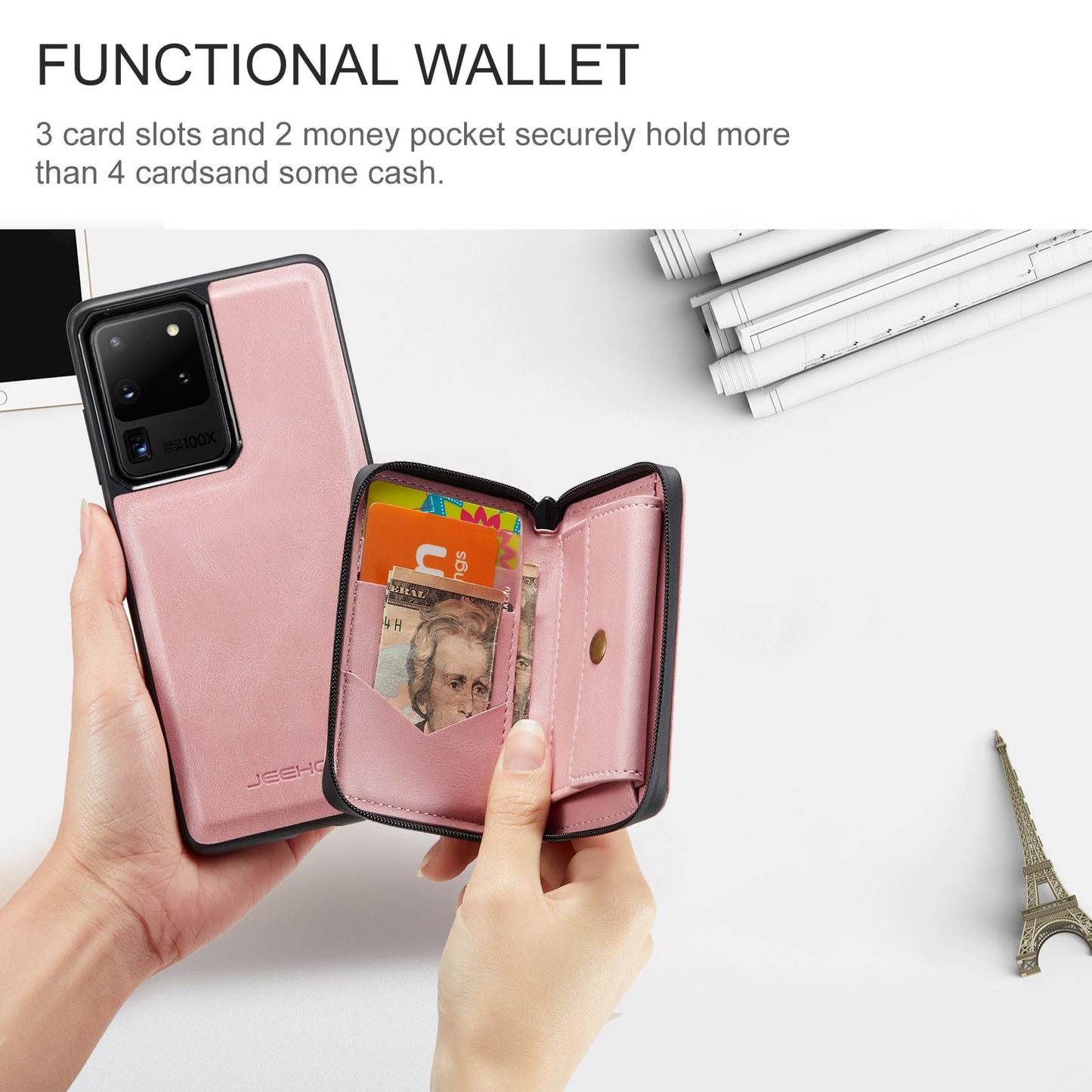 JEEHOOD For Samsung Galaxy S20 Ultra 4G/S20 Ultra 5G Zipper Wallet PU Leather Coated TPU Cover Kickstand Detachable Phone Case - Pink