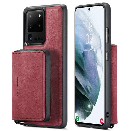 JEEHOOD For Samsung Galaxy S20 Ultra 4G/S20 Ultra 5G Zipper Wallet PU Leather Coated TPU Cover Kickstand Detachable Phone Case - Red