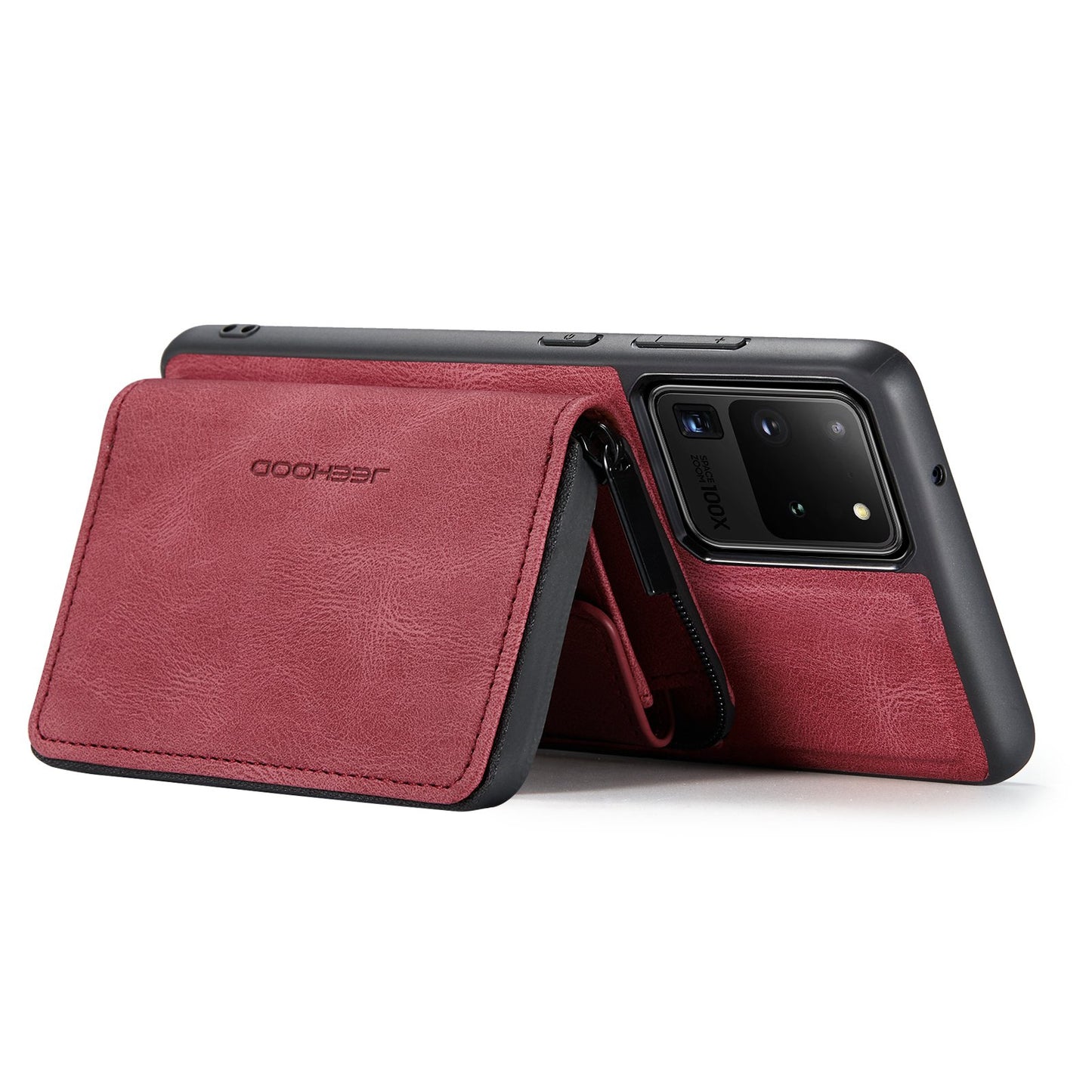 JEEHOOD For Samsung Galaxy S20 Ultra 4G/S20 Ultra 5G Zipper Wallet PU Leather Coated TPU Cover Kickstand Detachable Phone Case - Red
