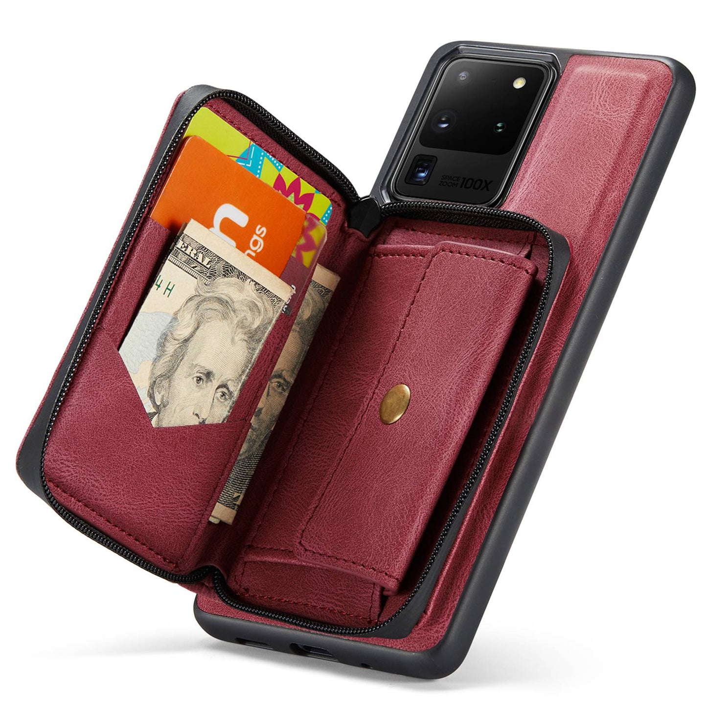 JEEHOOD For Samsung Galaxy S20 Ultra 4G/S20 Ultra 5G Zipper Wallet PU Leather Coated TPU Cover Kickstand Detachable Phone Case - Red