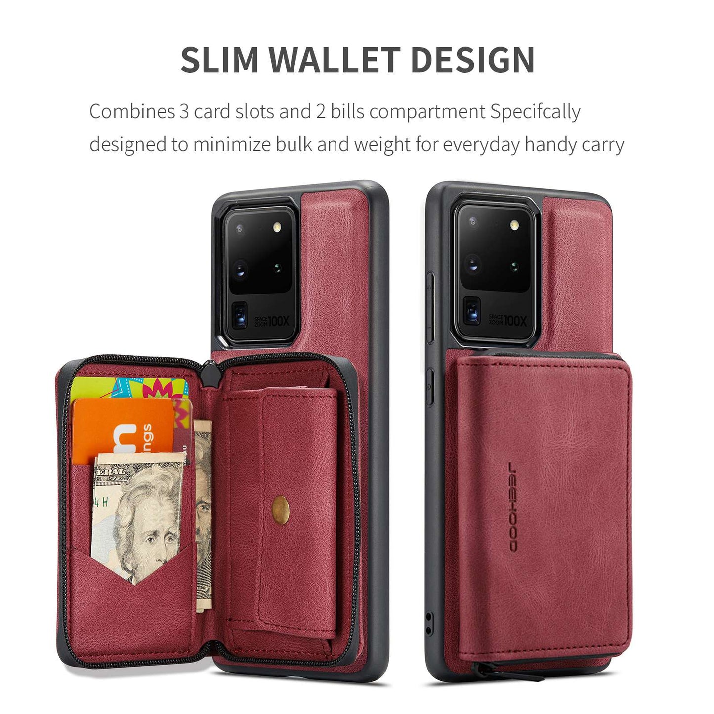 JEEHOOD For Samsung Galaxy S20 Ultra 4G/S20 Ultra 5G Zipper Wallet PU Leather Coated TPU Cover Kickstand Detachable Phone Case - Red