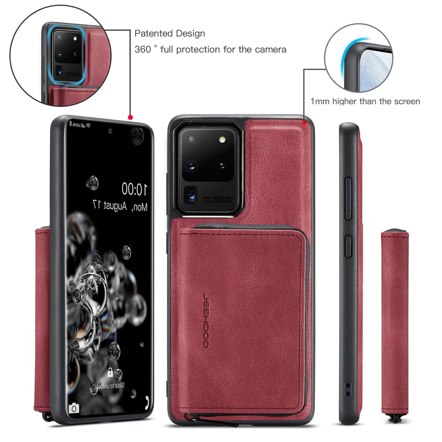 JEEHOOD For Samsung Galaxy S20 Ultra 4G/S20 Ultra 5G Zipper Wallet PU Leather Coated TPU Cover Kickstand Detachable Phone Case - Red