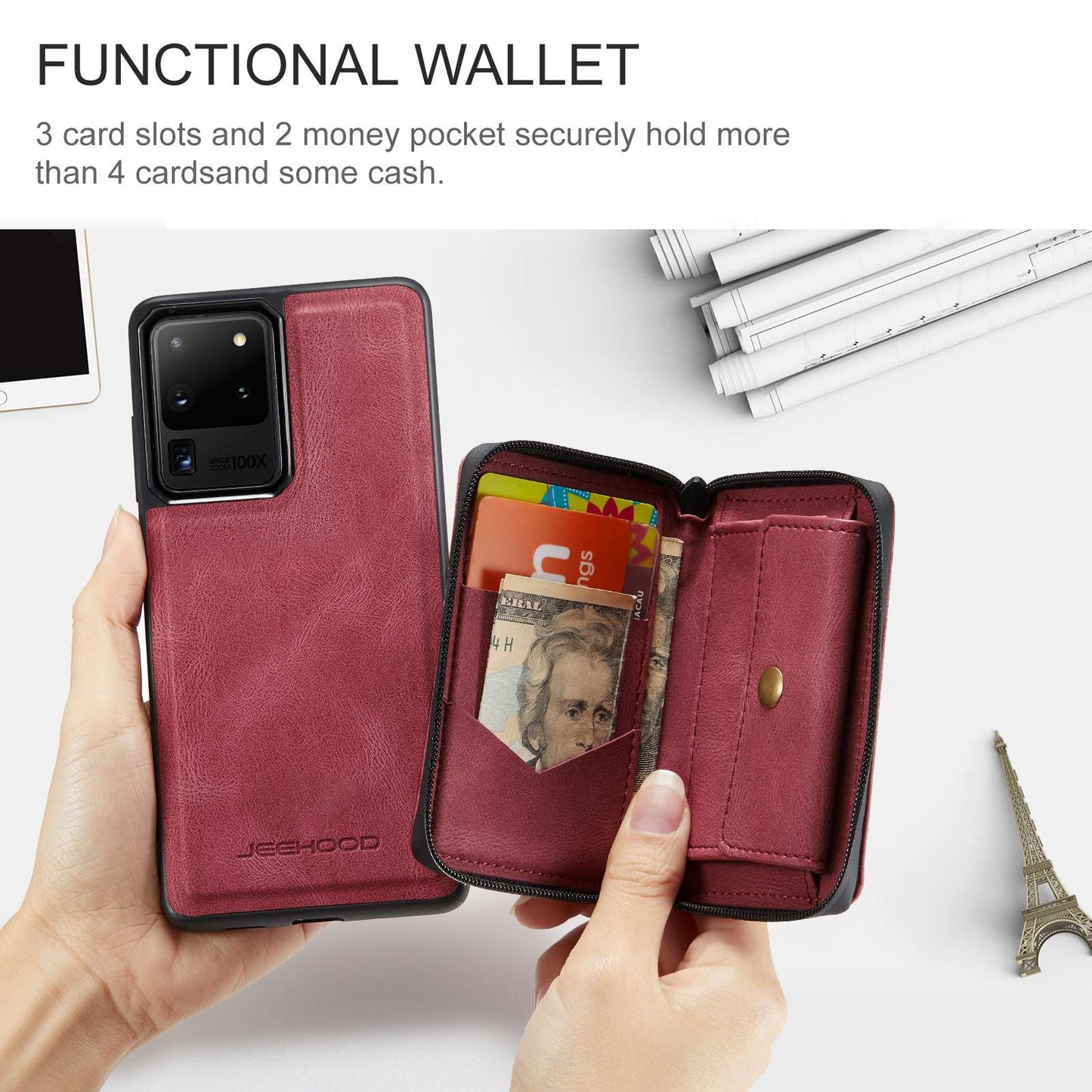 JEEHOOD For Samsung Galaxy S20 Ultra 4G/S20 Ultra 5G Zipper Wallet PU Leather Coated TPU Cover Kickstand Detachable Phone Case - Red