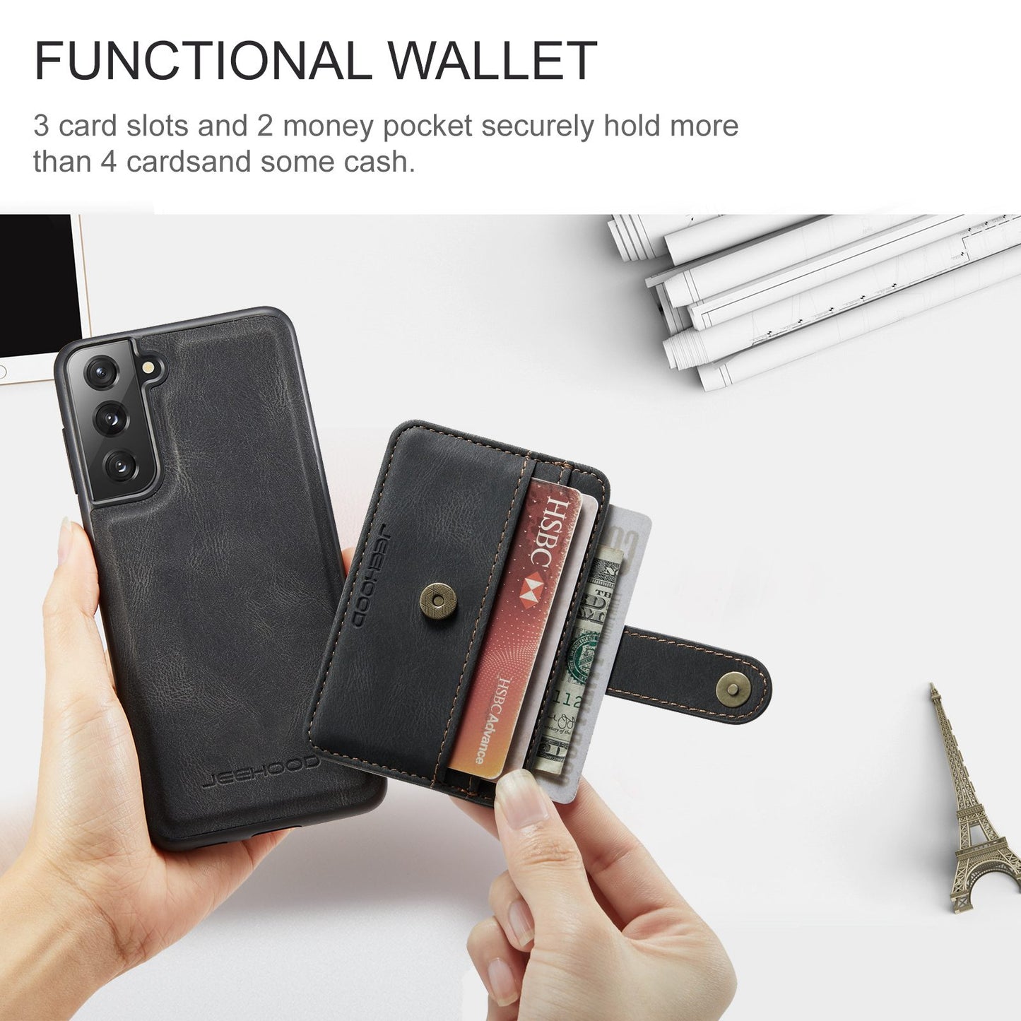 JEEHOOD Detachable Cover for Samsung Galaxy S20 Plus 4G/5G Magnetic Wallet Leather Coated TPU RFID Blocking Mobile Phone Case - Black