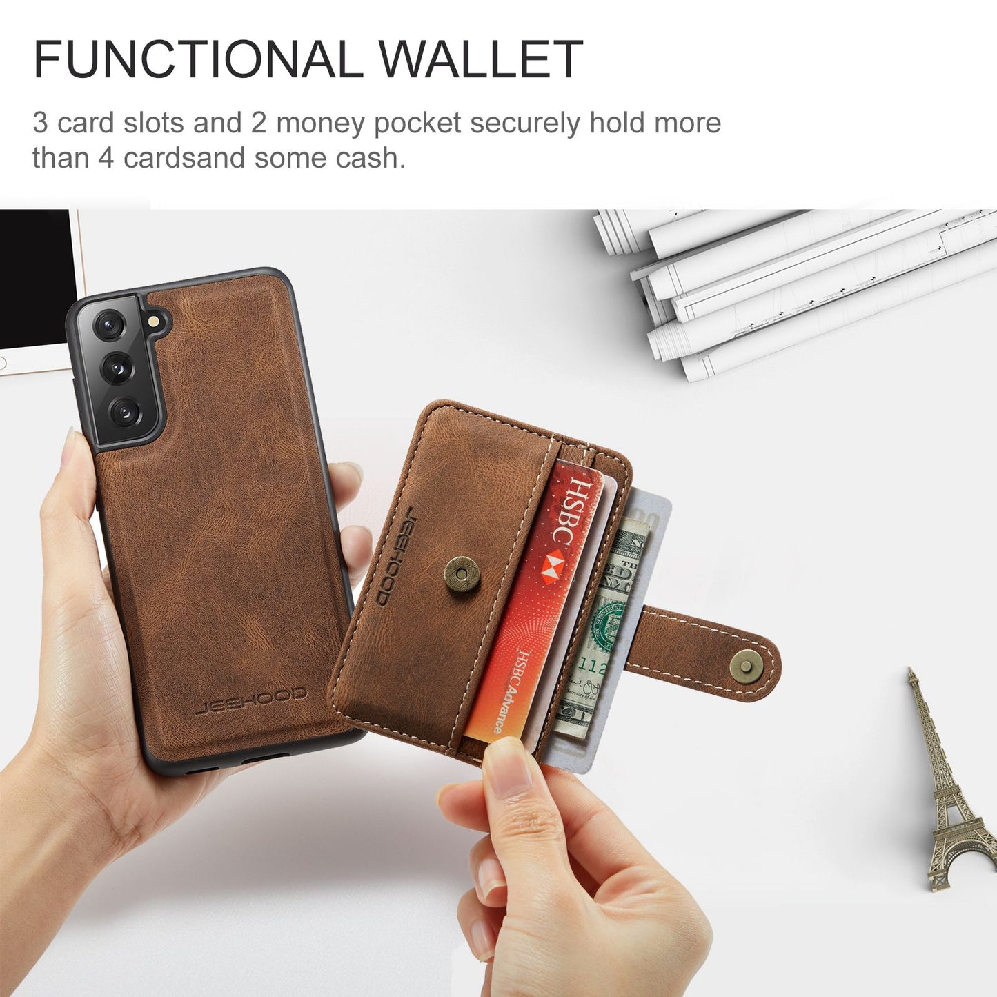 JEEHOOD Detachable Cover for Samsung Galaxy S20 Plus 4G/5G Magnetic Wallet Leather Coated TPU RFID Blocking Mobile Phone Case - Brown