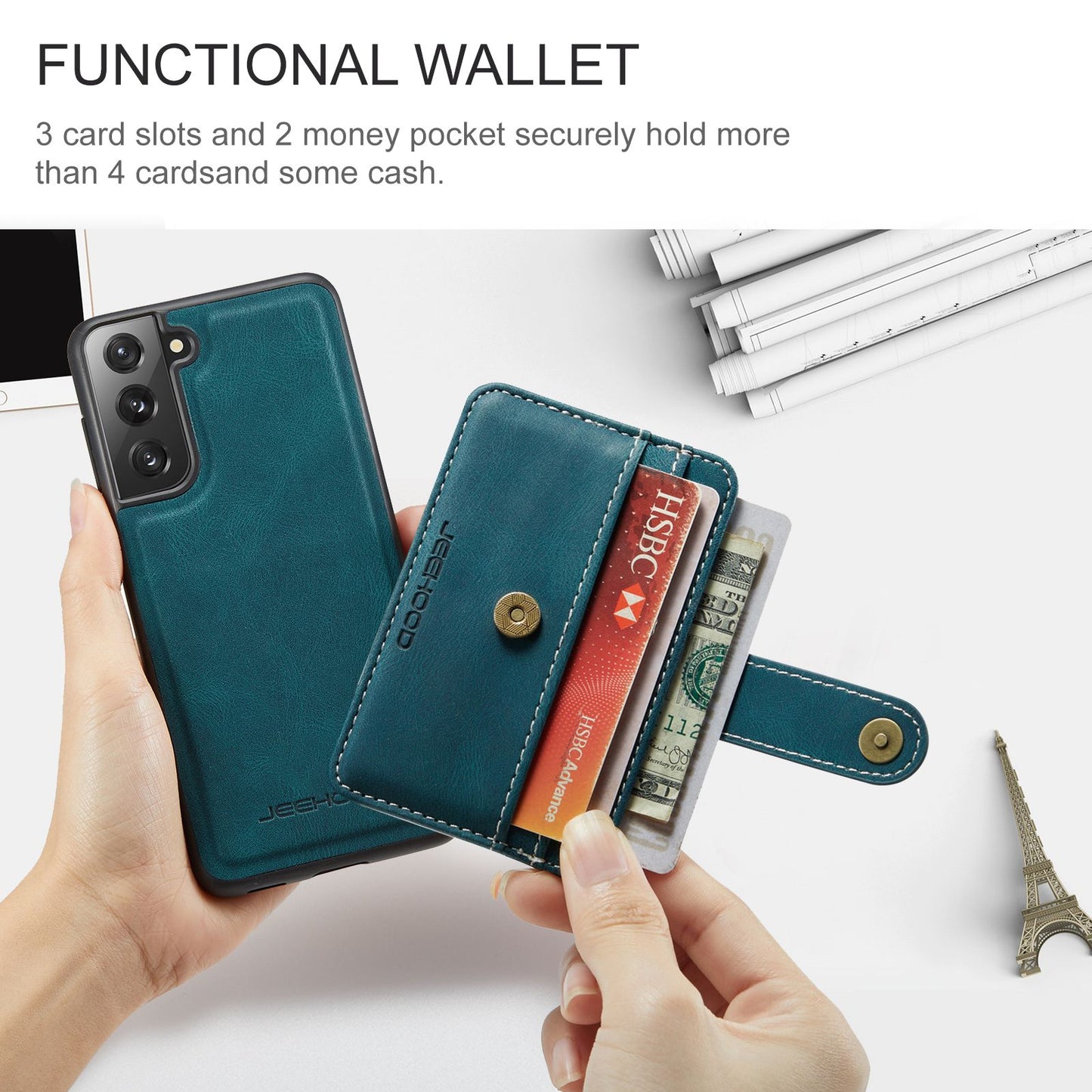 JEEHOOD Detachable Cover for Samsung Galaxy S20 Plus 4G/5G Magnetic Wallet Leather Coated TPU RFID Blocking Mobile Phone Case - Blue