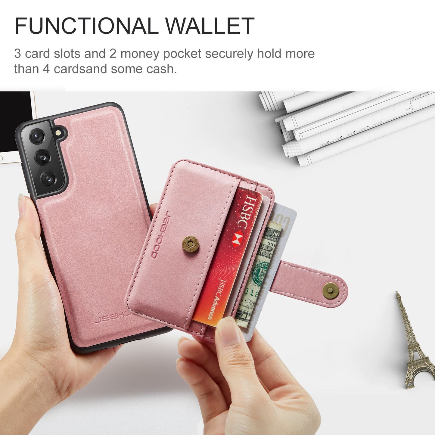JEEHOOD Detachable Cover for Samsung Galaxy S20 Plus 4G/5G Magnetic Wallet Leather Coated TPU RFID Blocking Mobile Phone Case - Pink
