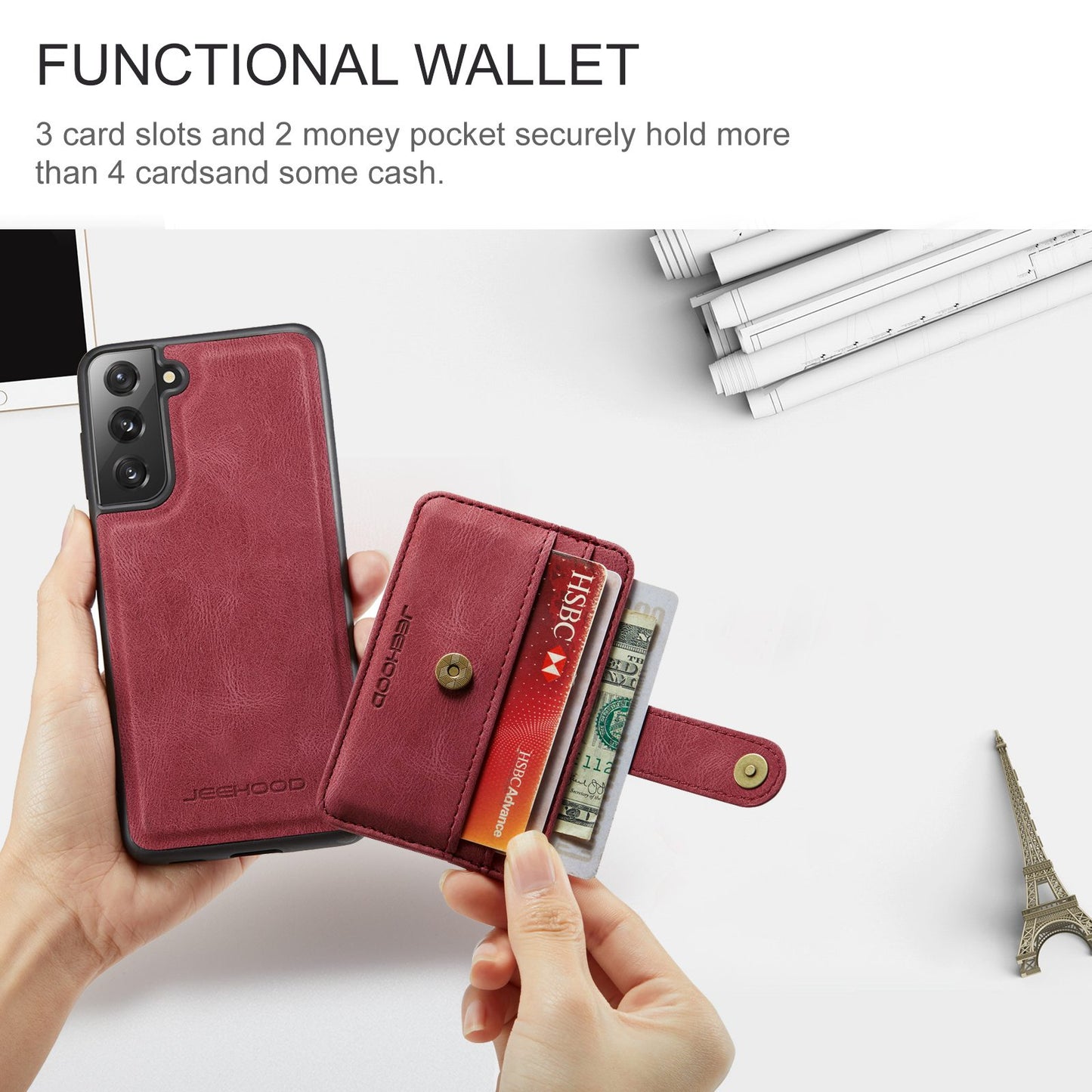 JEEHOOD Detachable Cover for Samsung Galaxy S20 Plus 4G/5G Magnetic Wallet Leather Coated TPU RFID Blocking Mobile Phone Case - Red