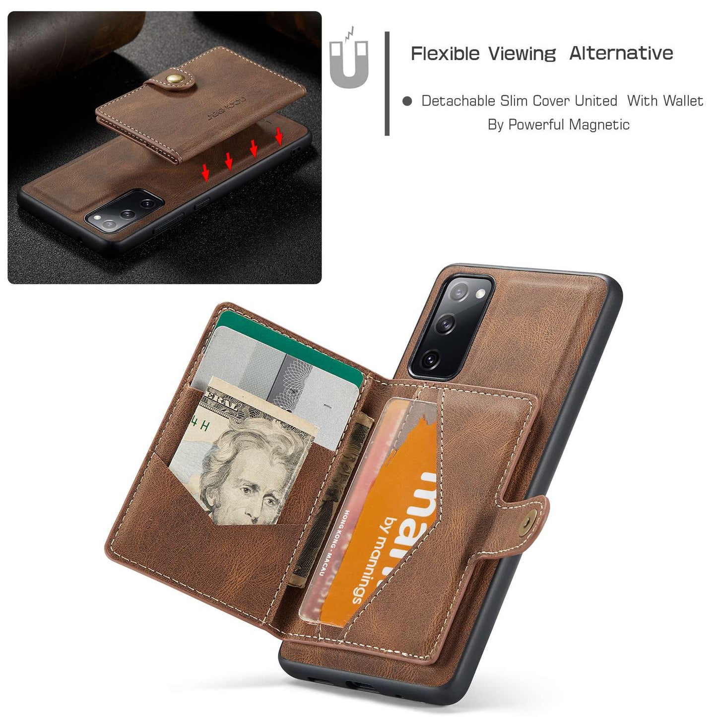 JEEHOOD For Samsung Galaxy S20 FE 2022/S20 FE 4G/S20 FE 5G/S20 Lite Wallet Kickstand Cover Detachable 2-in-1 PU Leather Coated TPU Phone Case - Brown