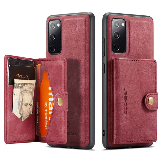 JEEHOOD For Samsung Galaxy S20 FE 2022/S20 FE 4G/S20 FE 5G/S20 Lite Wallet Kickstand Cover Detachable 2-in-1 PU Leather Coated TPU Phone Case - Red