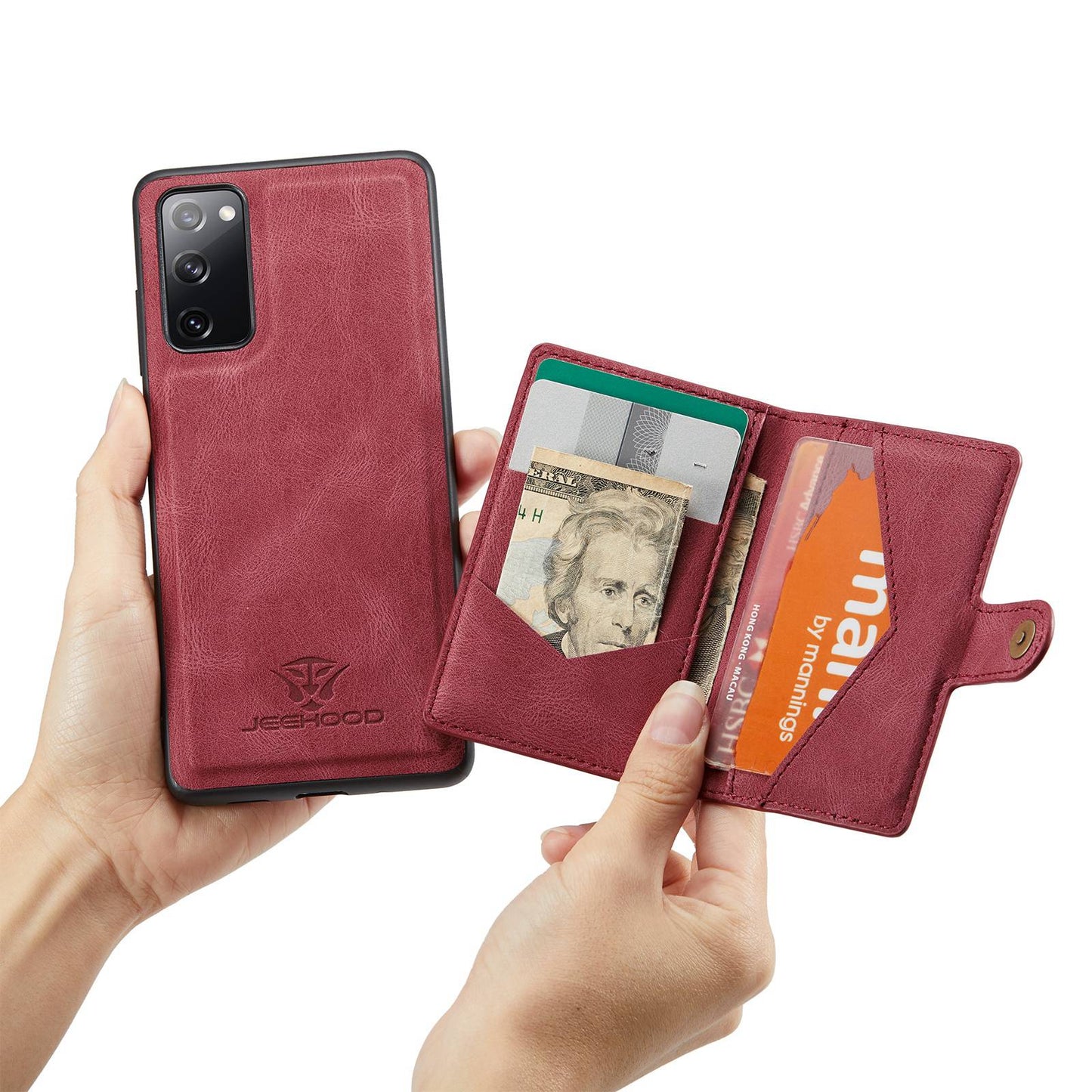 JEEHOOD For Samsung Galaxy S20 FE 2022/S20 FE 4G/S20 FE 5G/S20 Lite Wallet Kickstand Cover Detachable 2-in-1 PU Leather Coated TPU Phone Case - Red