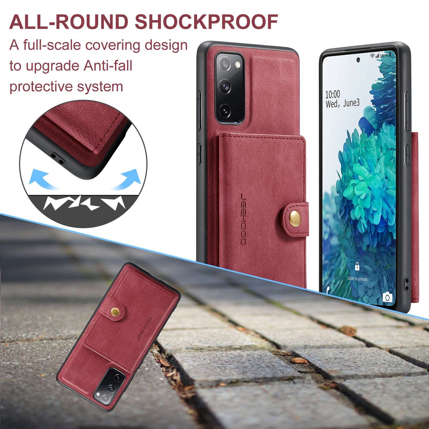 JEEHOOD For Samsung Galaxy S20 FE 2022/S20 FE 4G/S20 FE 5G/S20 Lite Wallet Kickstand Cover Detachable 2-in-1 PU Leather Coated TPU Phone Case - Red