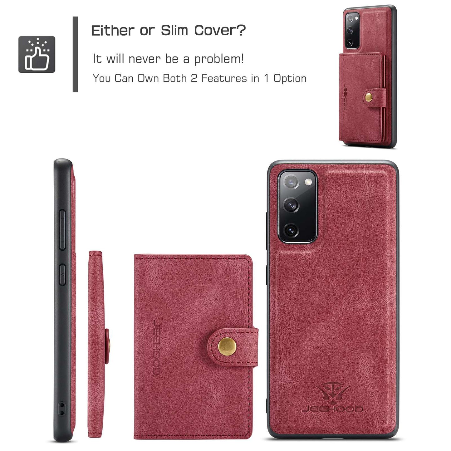 JEEHOOD For Samsung Galaxy S20 FE 2022/S20 FE 4G/S20 FE 5G/S20 Lite Wallet Kickstand Cover Detachable 2-in-1 PU Leather Coated TPU Phone Case - Red