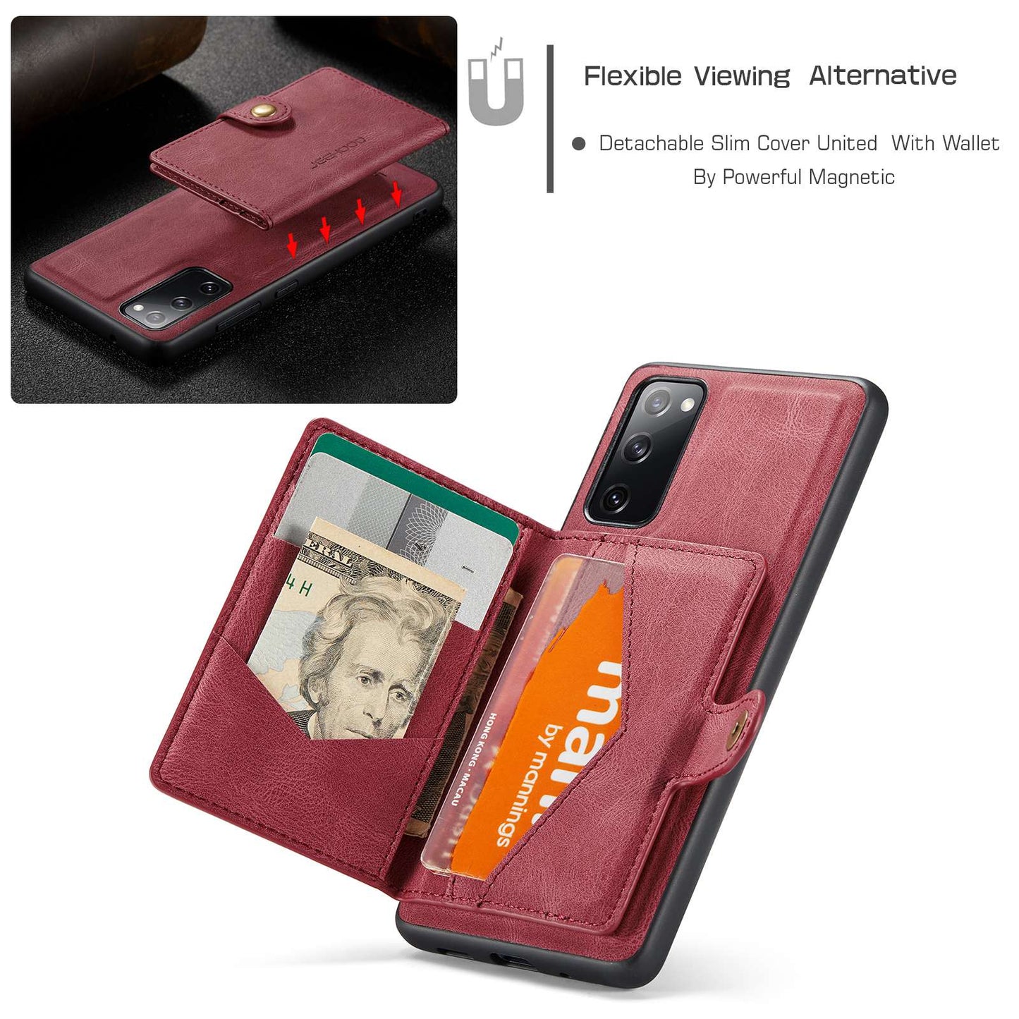 JEEHOOD For Samsung Galaxy S20 FE 2022/S20 FE 4G/S20 FE 5G/S20 Lite Wallet Kickstand Cover Detachable 2-in-1 PU Leather Coated TPU Phone Case - Red