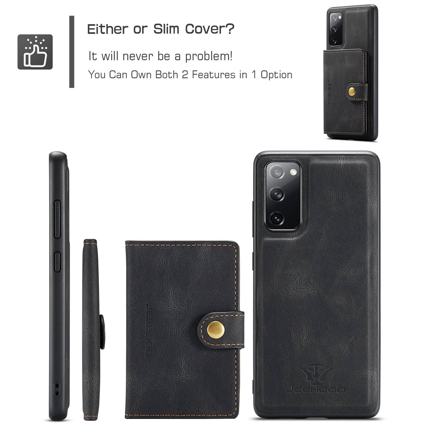 JEEHOOD For Samsung Galaxy S20 FE 2022/S20 FE 4G/S20 FE 5G/S20 Lite Wallet Kickstand Cover Detachable 2-in-1 PU Leather Coated TPU Phone Case - Black