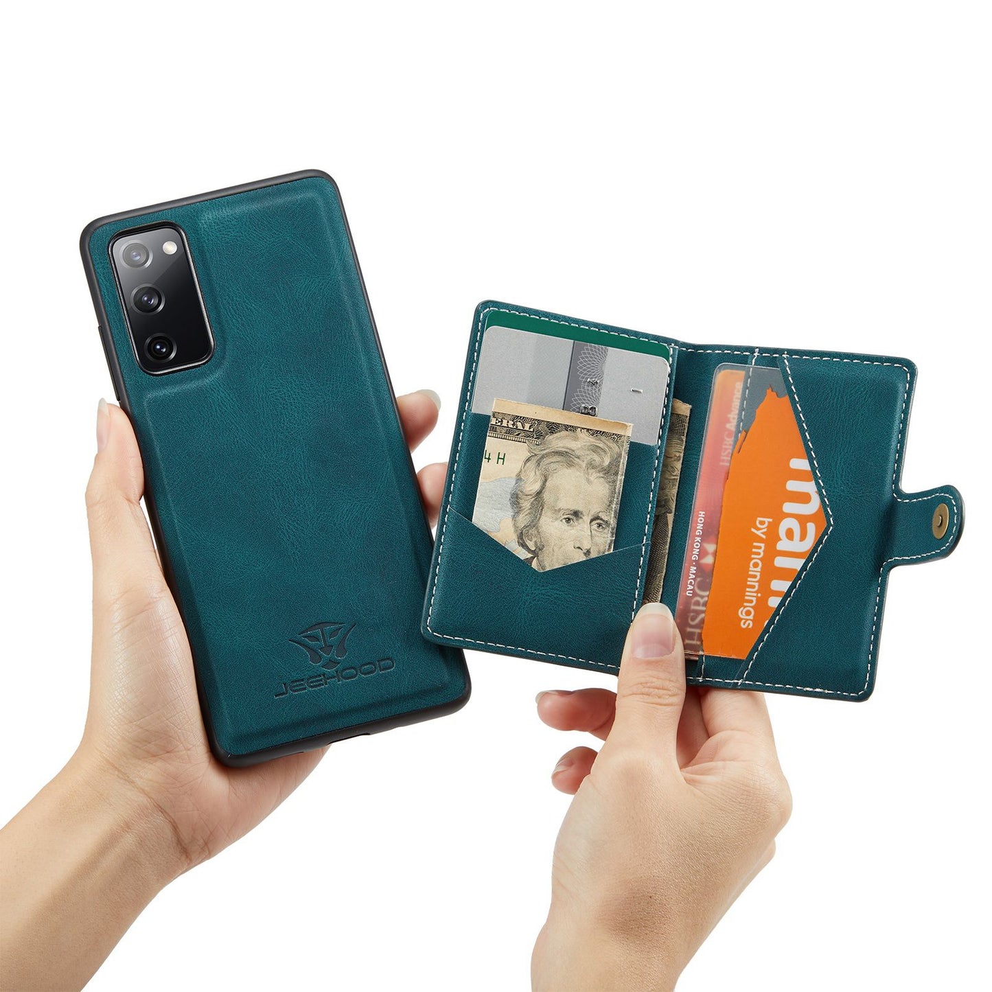 JEEHOOD For Samsung Galaxy S20 FE 2022/S20 FE 4G/S20 FE 5G/S20 Lite Wallet Kickstand Cover Detachable 2-in-1 PU Leather Coated TPU Phone Case - Green