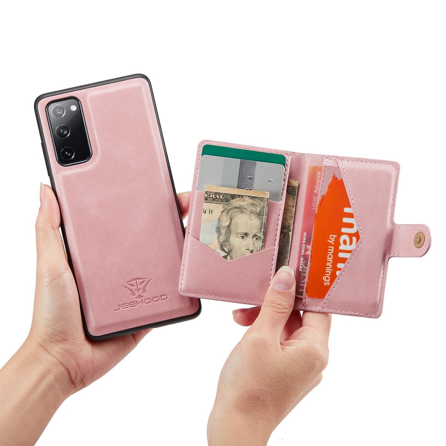 JEEHOOD For Samsung Galaxy S20 FE 2022/S20 FE 4G/S20 FE 5G/S20 Lite Wallet Kickstand Cover Detachable 2-in-1 PU Leather Coated TPU Phone Case - Rose Gold