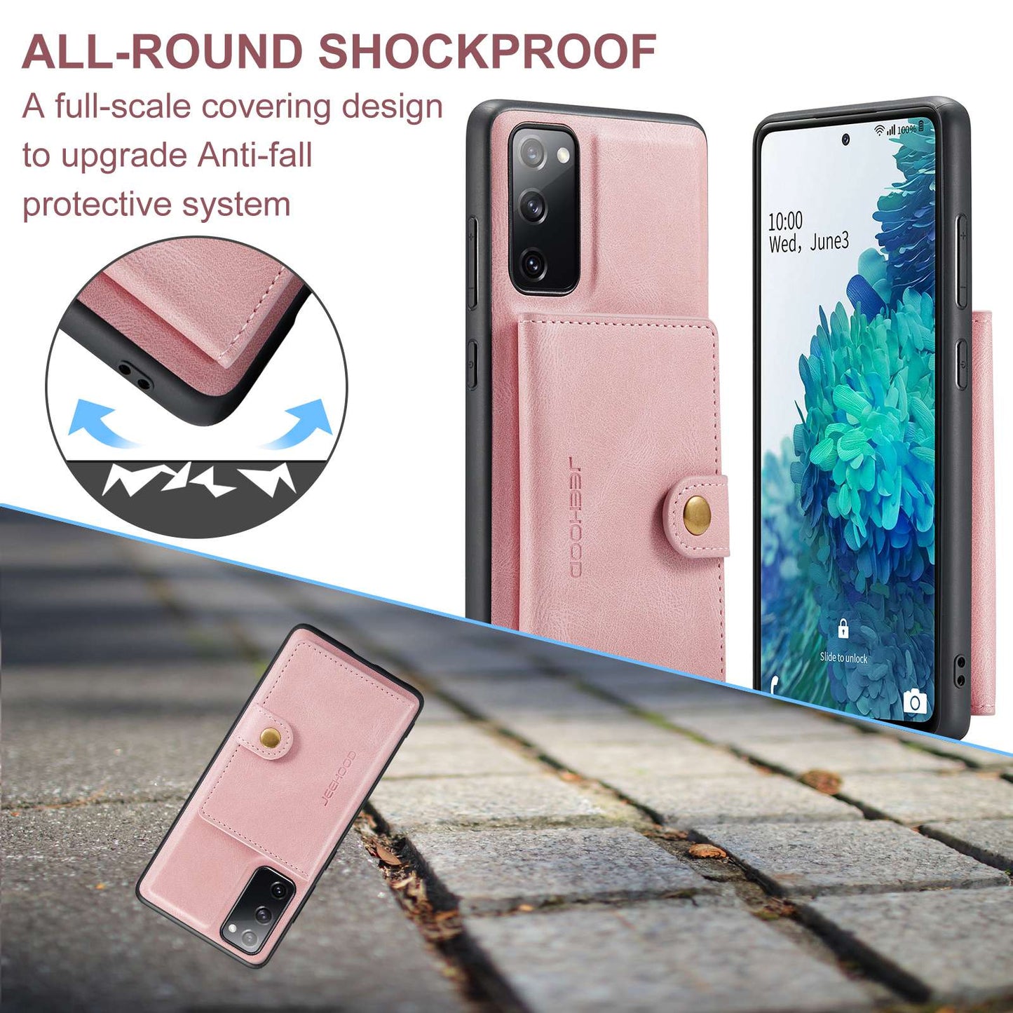 JEEHOOD For Samsung Galaxy S20 FE 2022/S20 FE 4G/S20 FE 5G/S20 Lite Wallet Kickstand Cover Detachable 2-in-1 PU Leather Coated TPU Phone Case - Rose Gold