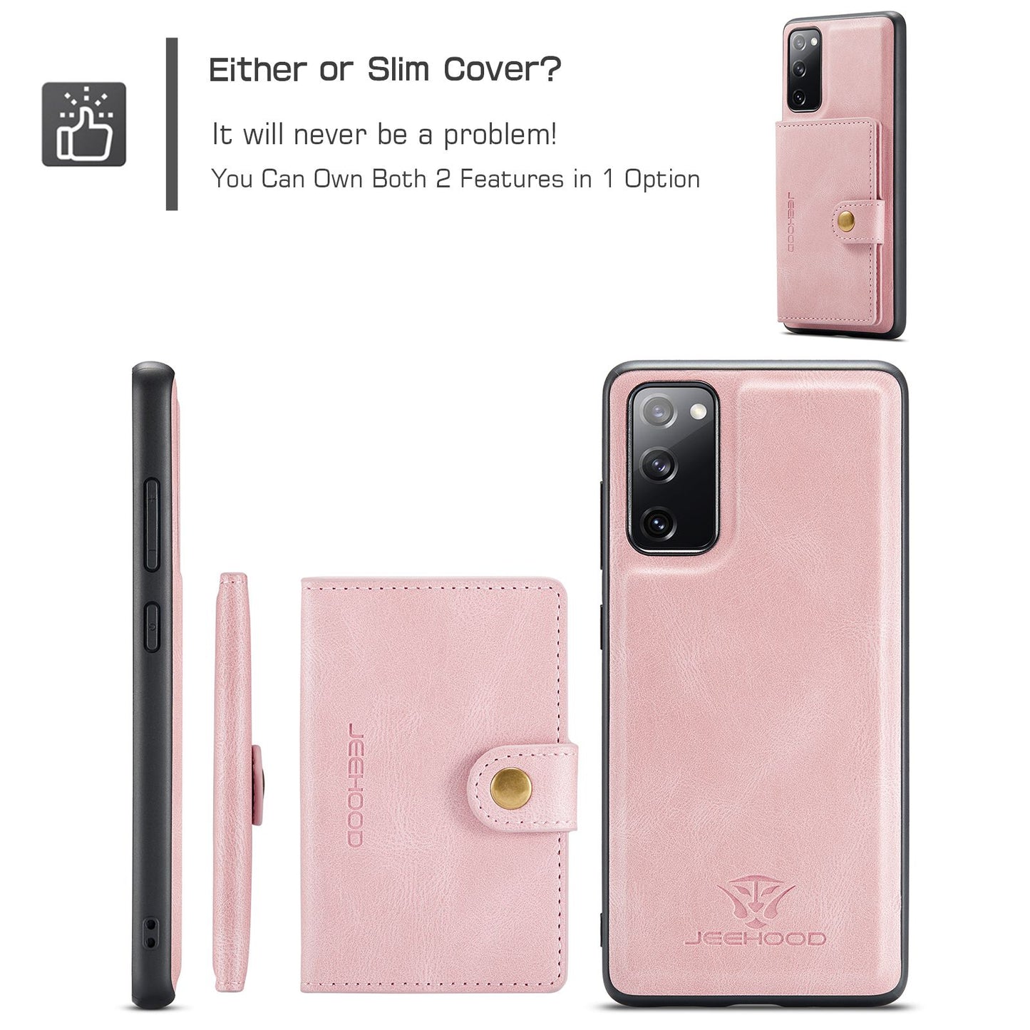 JEEHOOD For Samsung Galaxy S20 FE 2022/S20 FE 4G/S20 FE 5G/S20 Lite Wallet Kickstand Cover Detachable 2-in-1 PU Leather Coated TPU Phone Case - Rose Gold