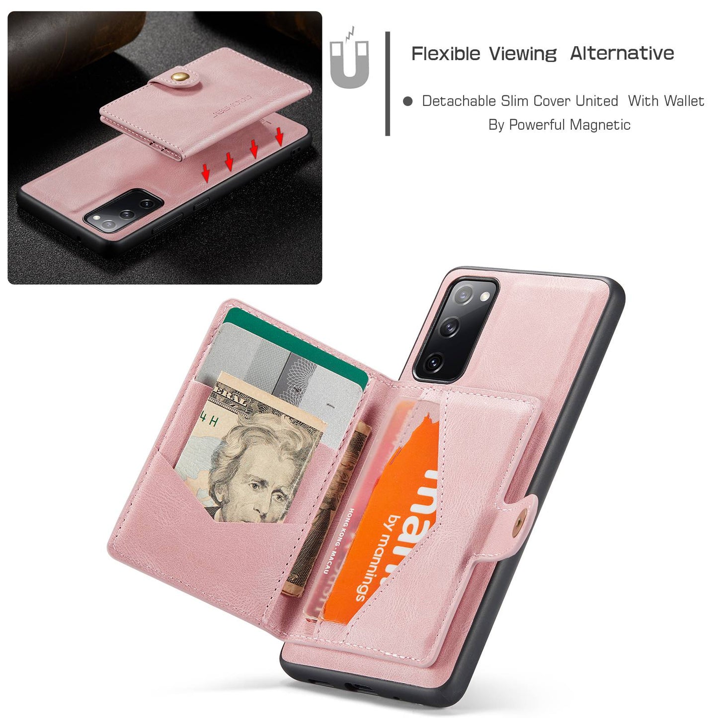 JEEHOOD For Samsung Galaxy S20 FE 2022/S20 FE 4G/S20 FE 5G/S20 Lite Wallet Kickstand Cover Detachable 2-in-1 PU Leather Coated TPU Phone Case - Rose Gold