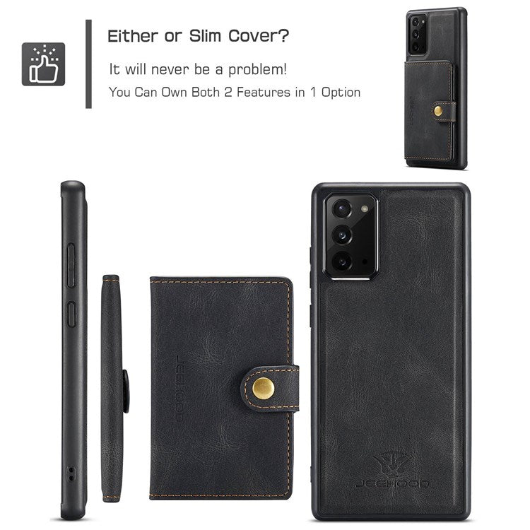 JEEHOOD For Samsung Galaxy Note20 4G/Note20 5G Detachable Leather Coated TPU Case Kickstand Wallet Phone Protective Cover - Black