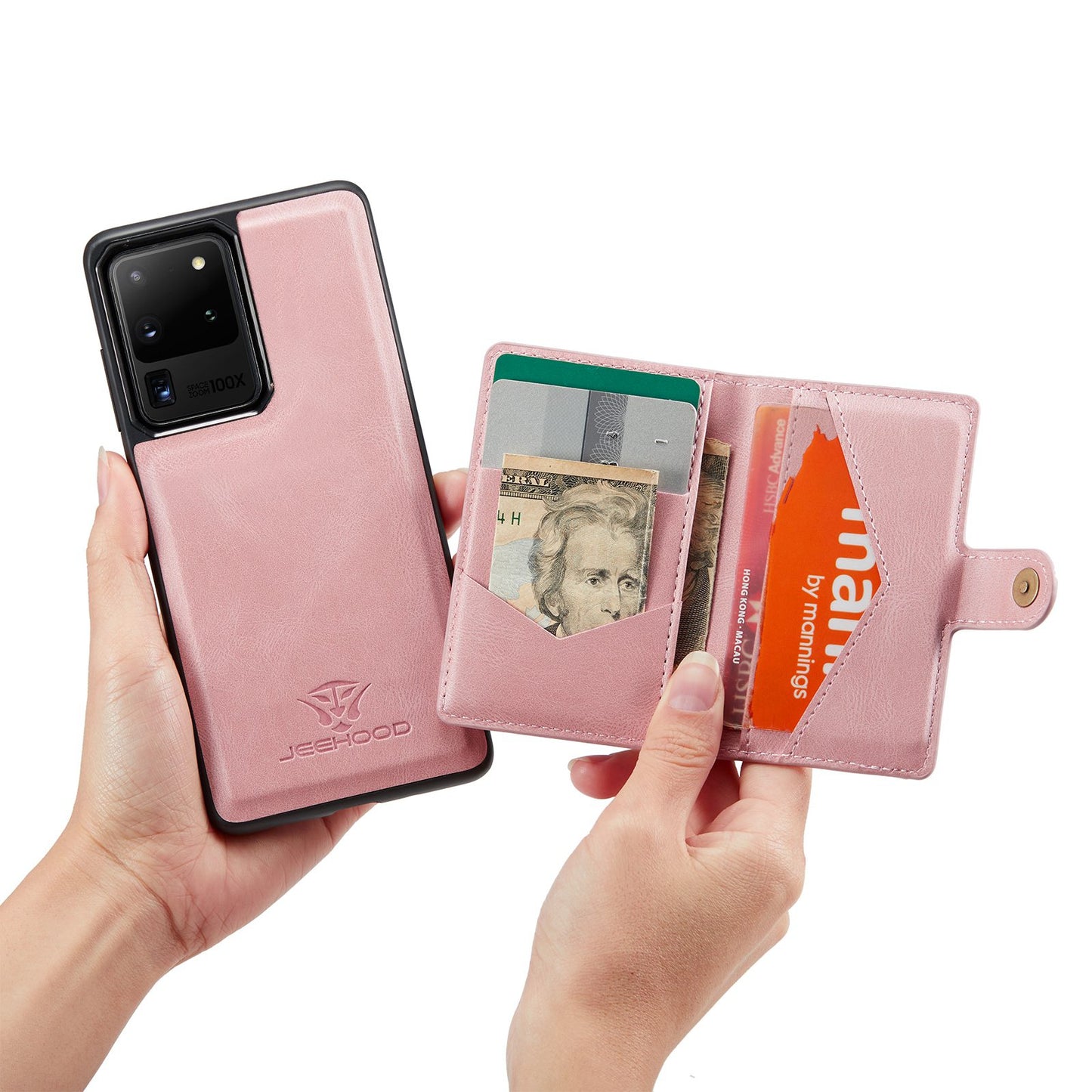 JEEHOOD For Samsung Galaxy S20 Ultra 4G/S20 Ultra 5G Detachable Phone Cover Wallet Kickstand Magnetic Leather Coated TPU Case - Rose Gold