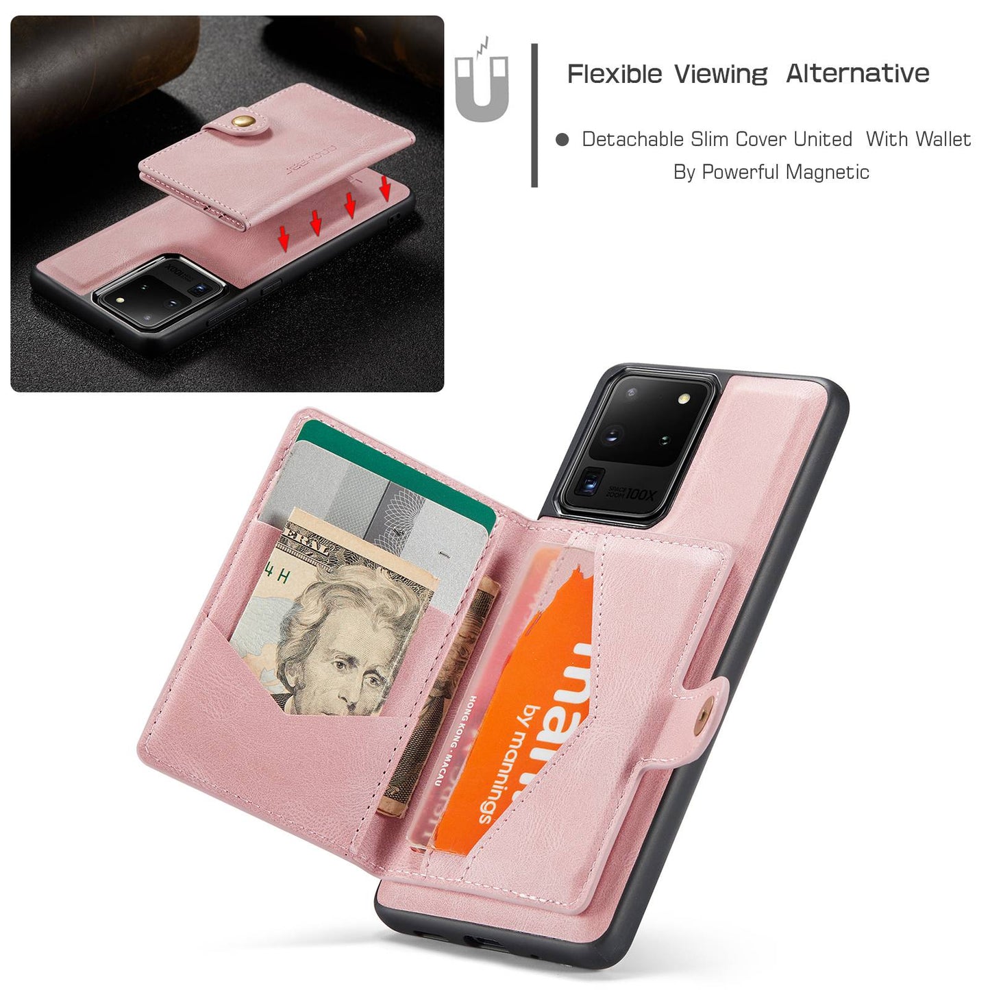 JEEHOOD For Samsung Galaxy S20 Ultra 4G/S20 Ultra 5G Detachable Phone Cover Wallet Kickstand Magnetic Leather Coated TPU Case - Rose Gold
