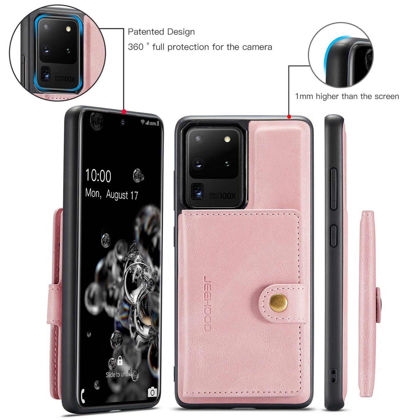 JEEHOOD For Samsung Galaxy S20 Ultra 4G/S20 Ultra 5G Detachable Phone Cover Wallet Kickstand Magnetic Leather Coated TPU Case - Rose Gold